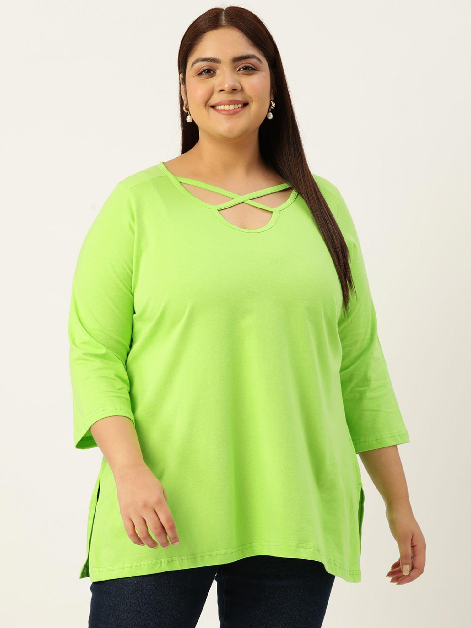 plus size womens bright green solid color cut out detail top