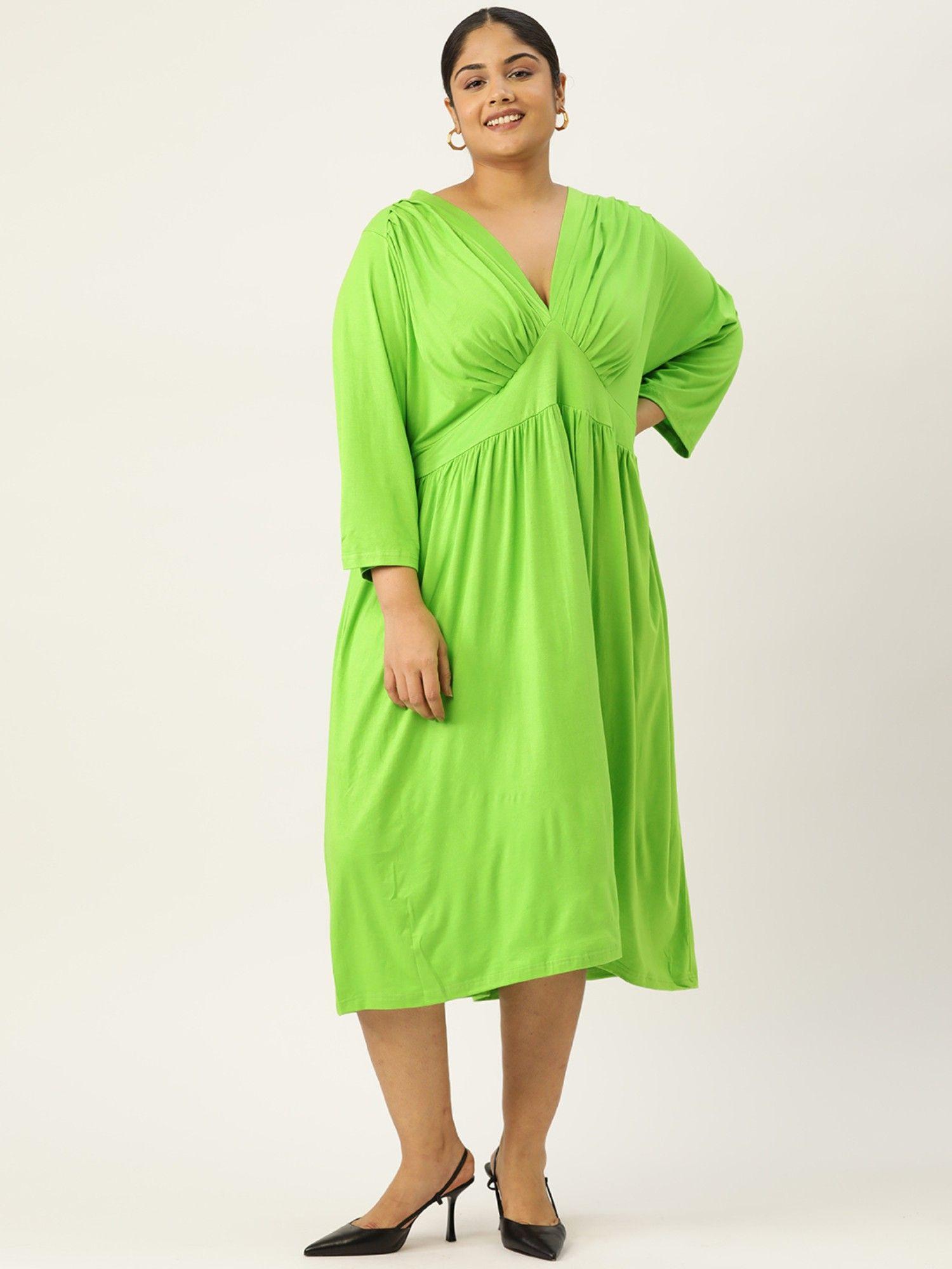 plus size womens bright green solid gather detail a-line midi dress