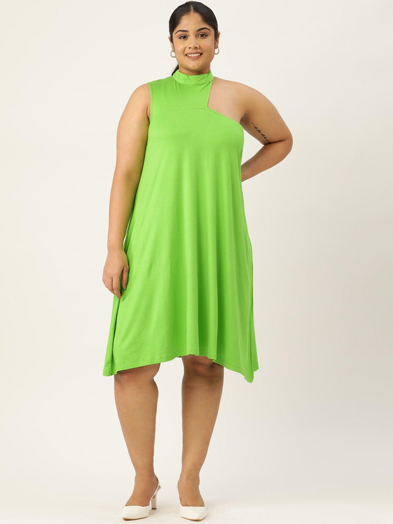 plus size womens bright green solid high neck a-line midi dress