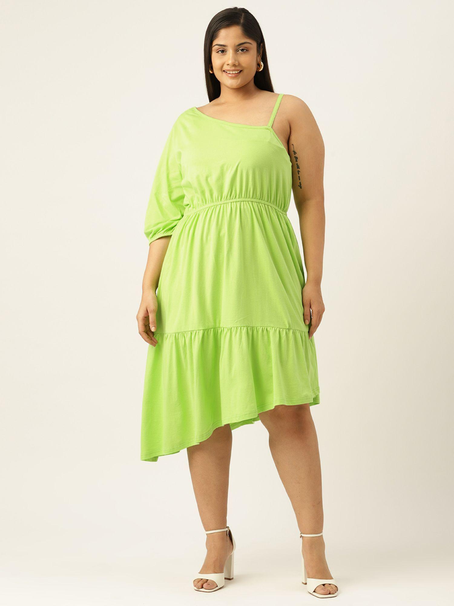 plus size womens bright green solid one shoulder knitted dress