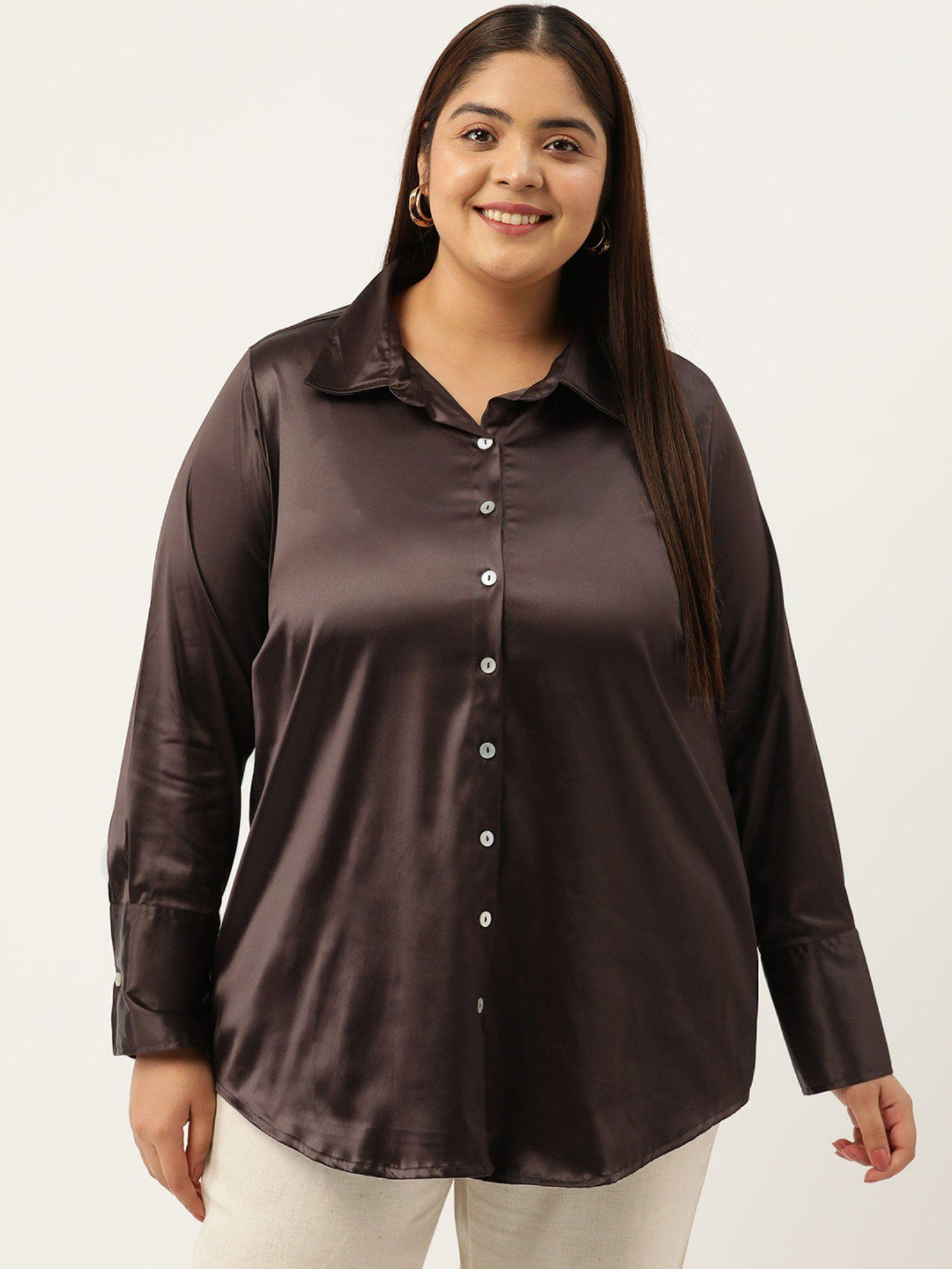 plus size womens brown solid color party wear satin shirt