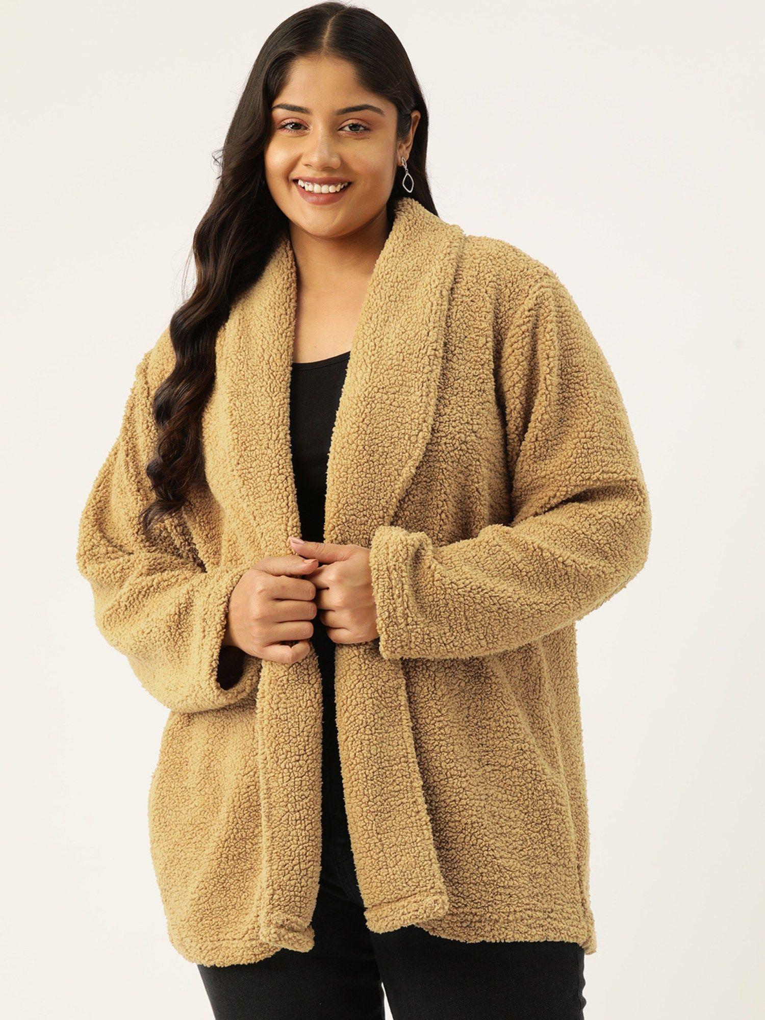 plus size womens camel brown solid color open front jacket