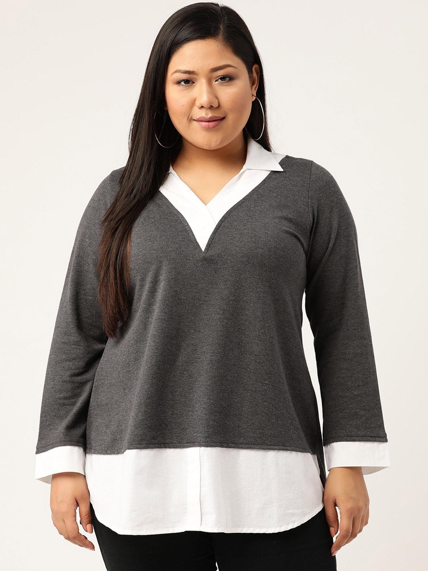 plus size womens charcoal grey & white shirt collar cotton top