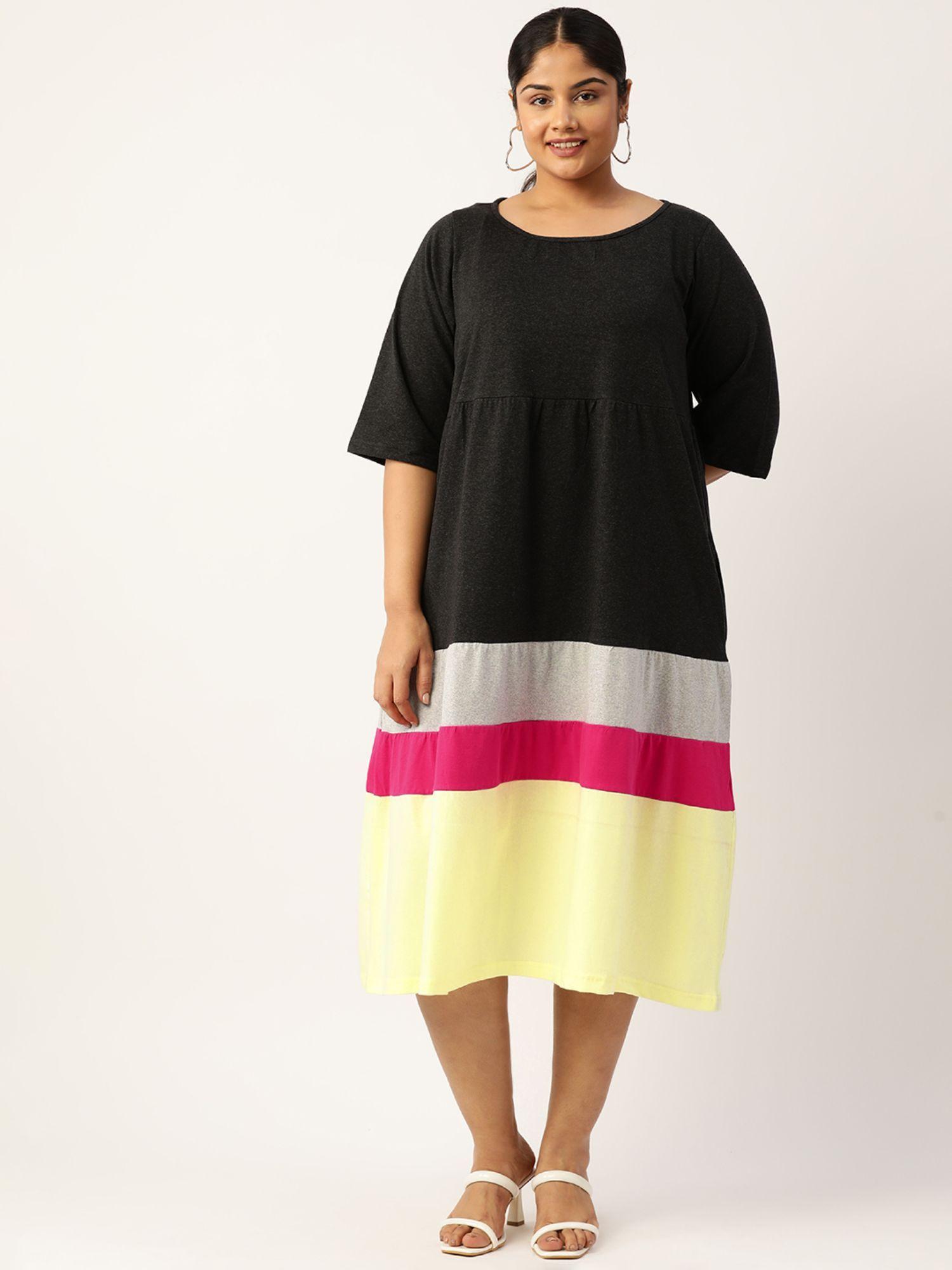 plus size womens charcoal grey colourblocked a line midi cotton dress