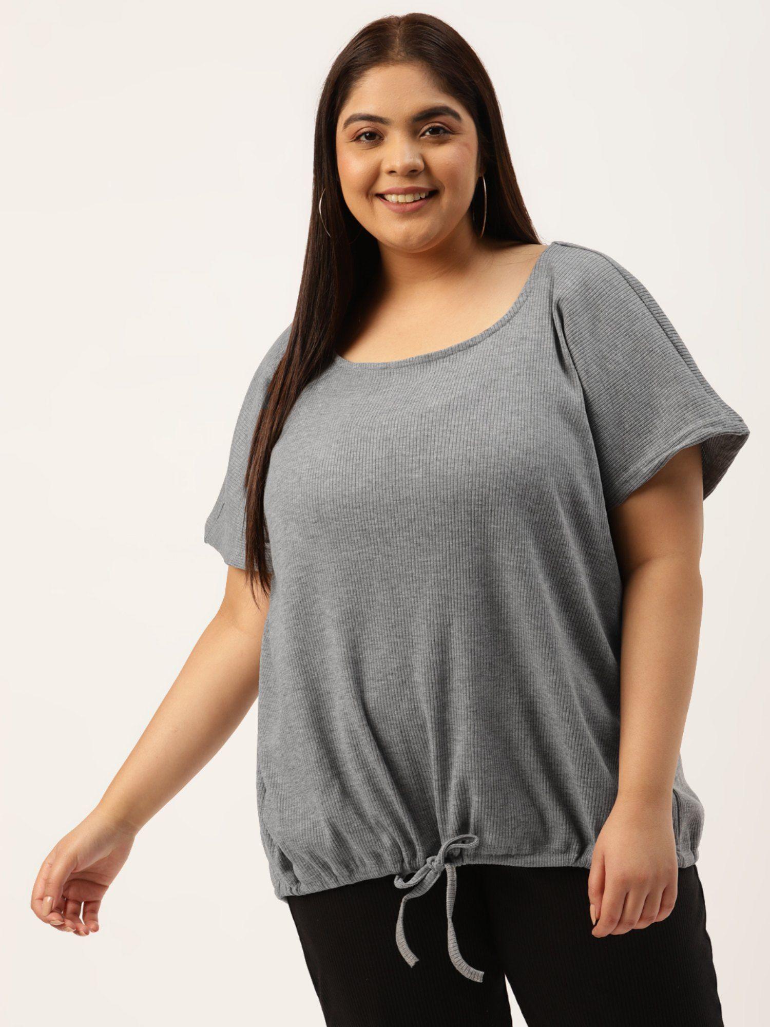 plus size womens charcoal grey cotton knitted blouson top