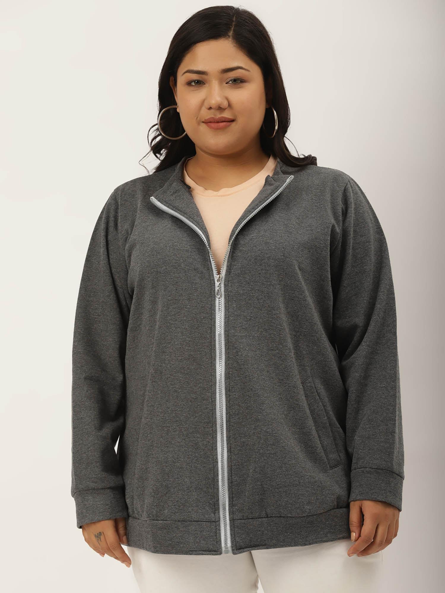 plus size womens charcoal grey solid color bomber fleece jacket