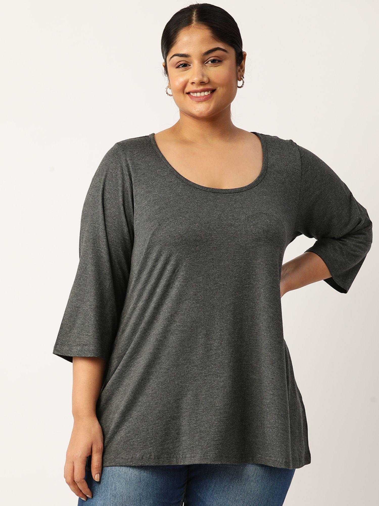 plus size womens charcoal grey solid color knitted top with tie ups detail