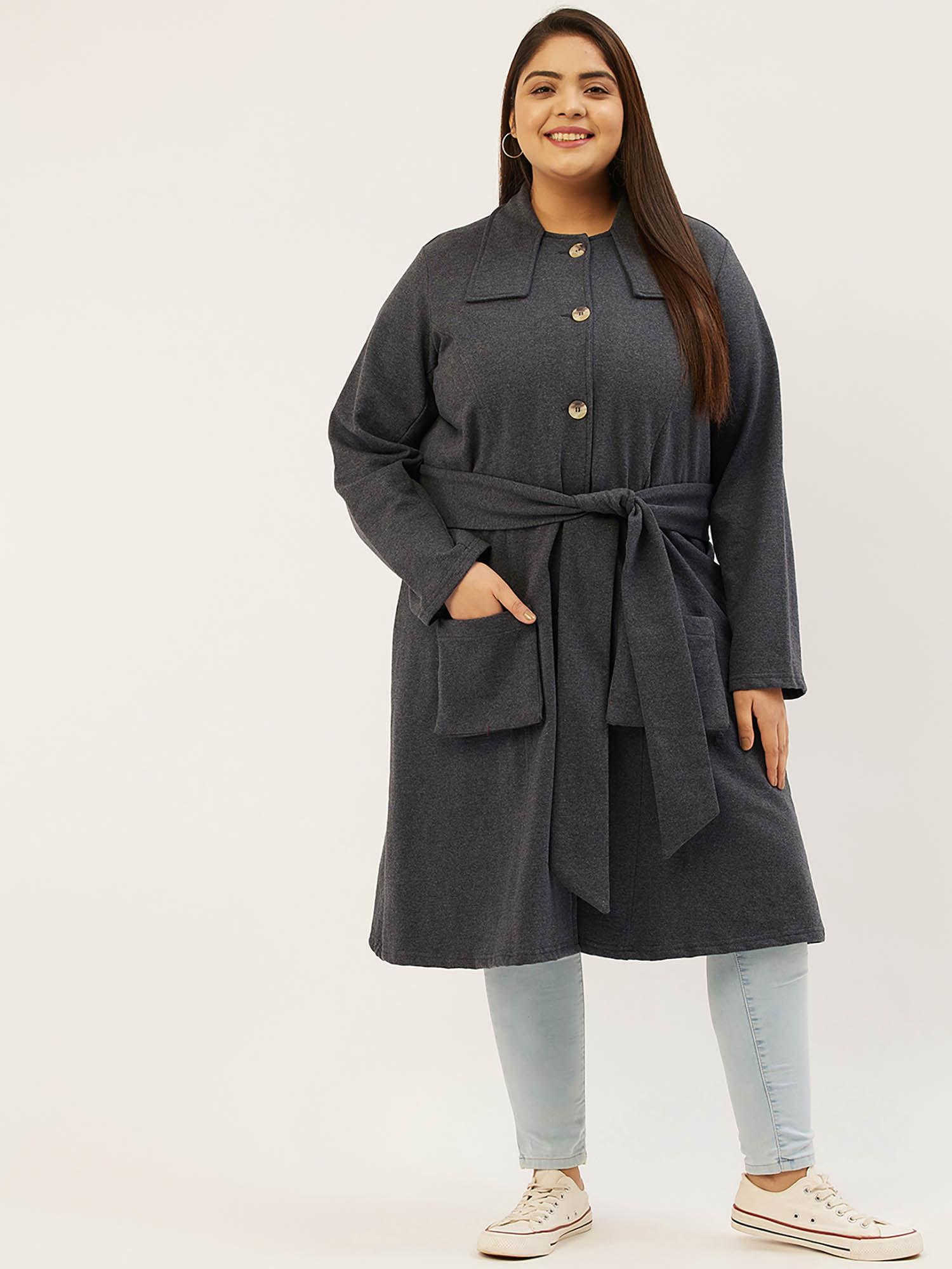 plus size womens charcoal grey solid color longline coat (set of 2)