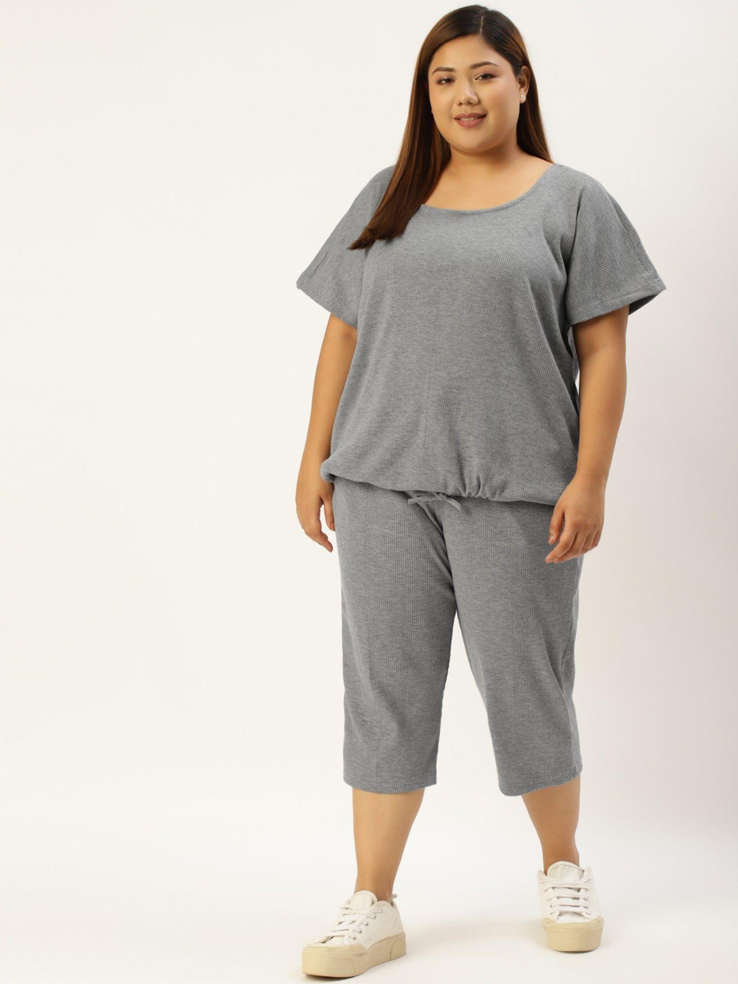 plus size womens charcoal grey solid color ribbed top & capri set (set of 2)