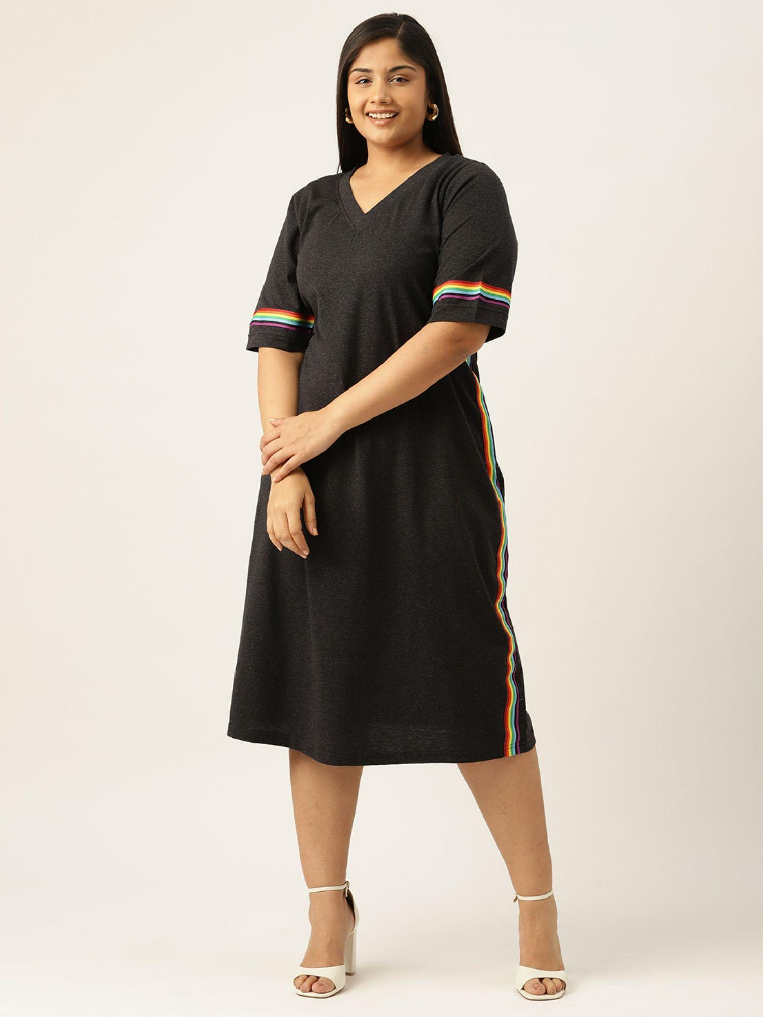 plus size womens charcoal grey solid cotton knitted a-line dress