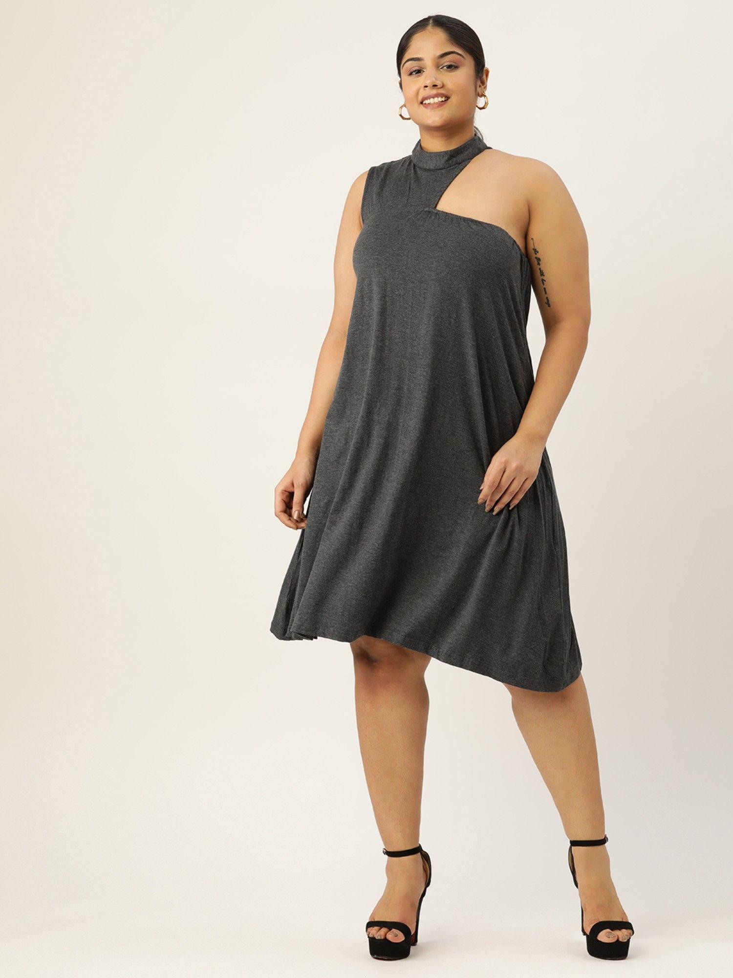 plus size womens charcoal grey solid high neck a-line midi dress