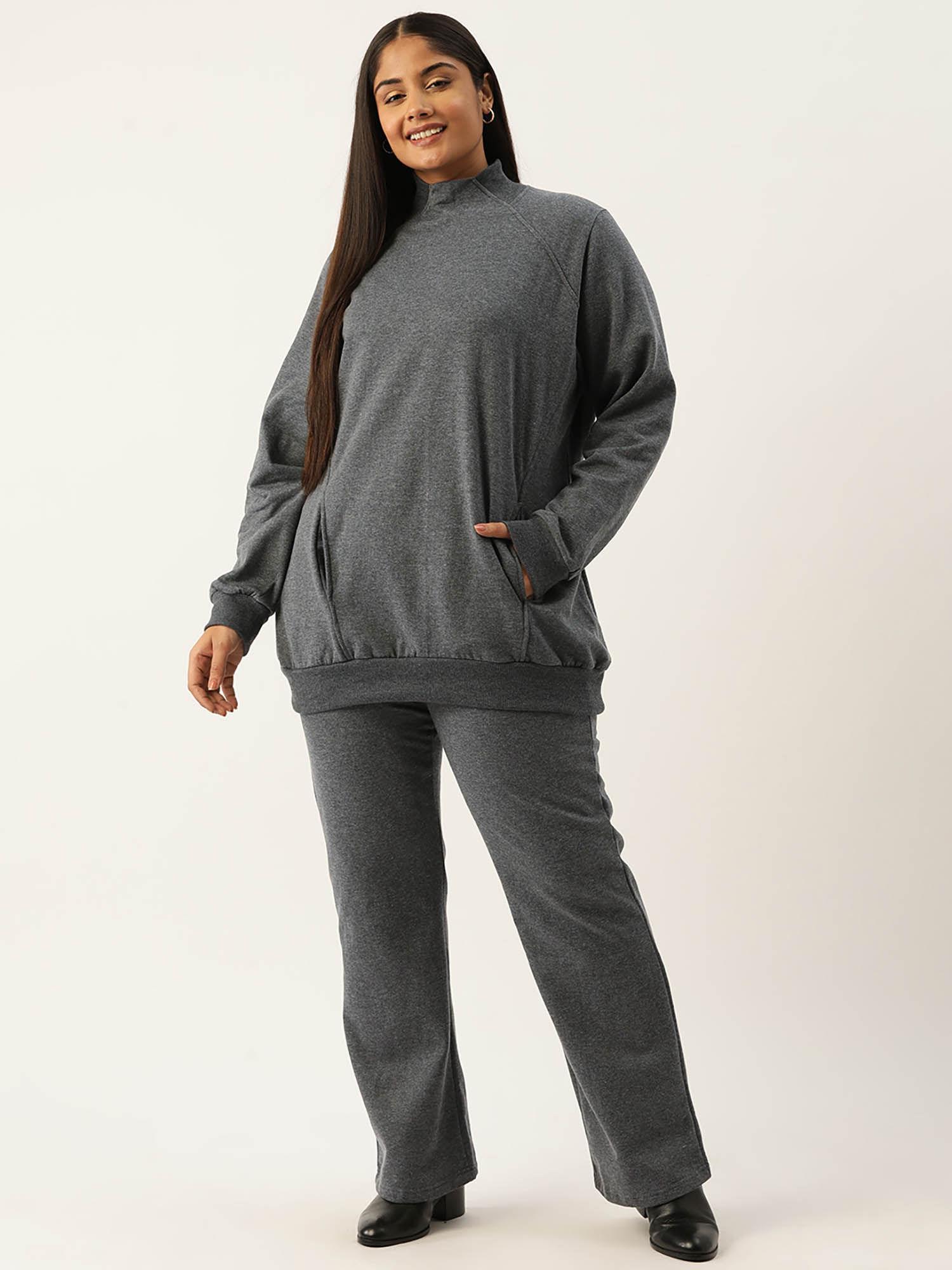 plus size womens charcoal grey solid ribbed sweatshirt with trousers (set of 2)