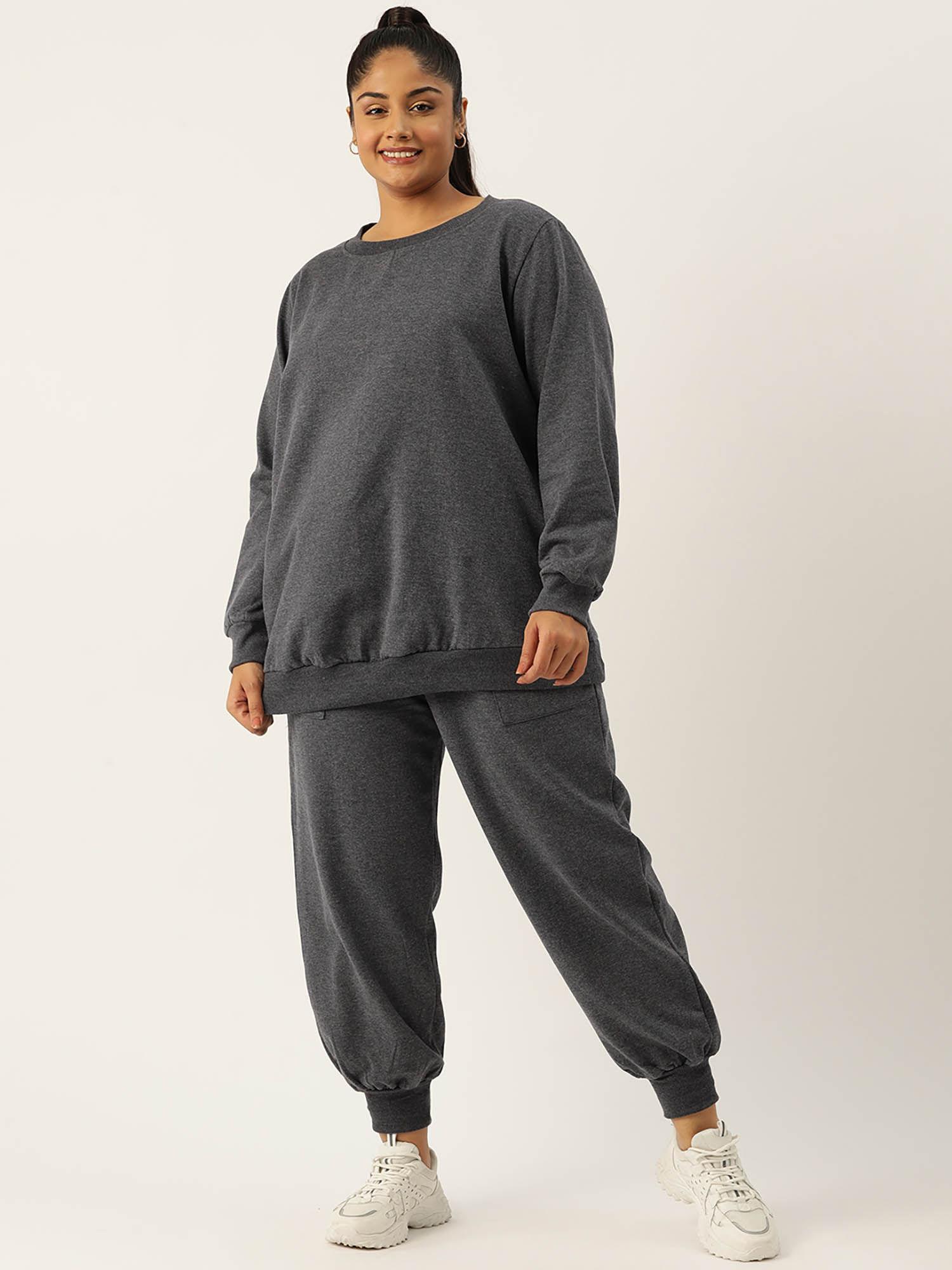 plus size womens charcoal grey solid sweatshirt with joggers (set of 2)