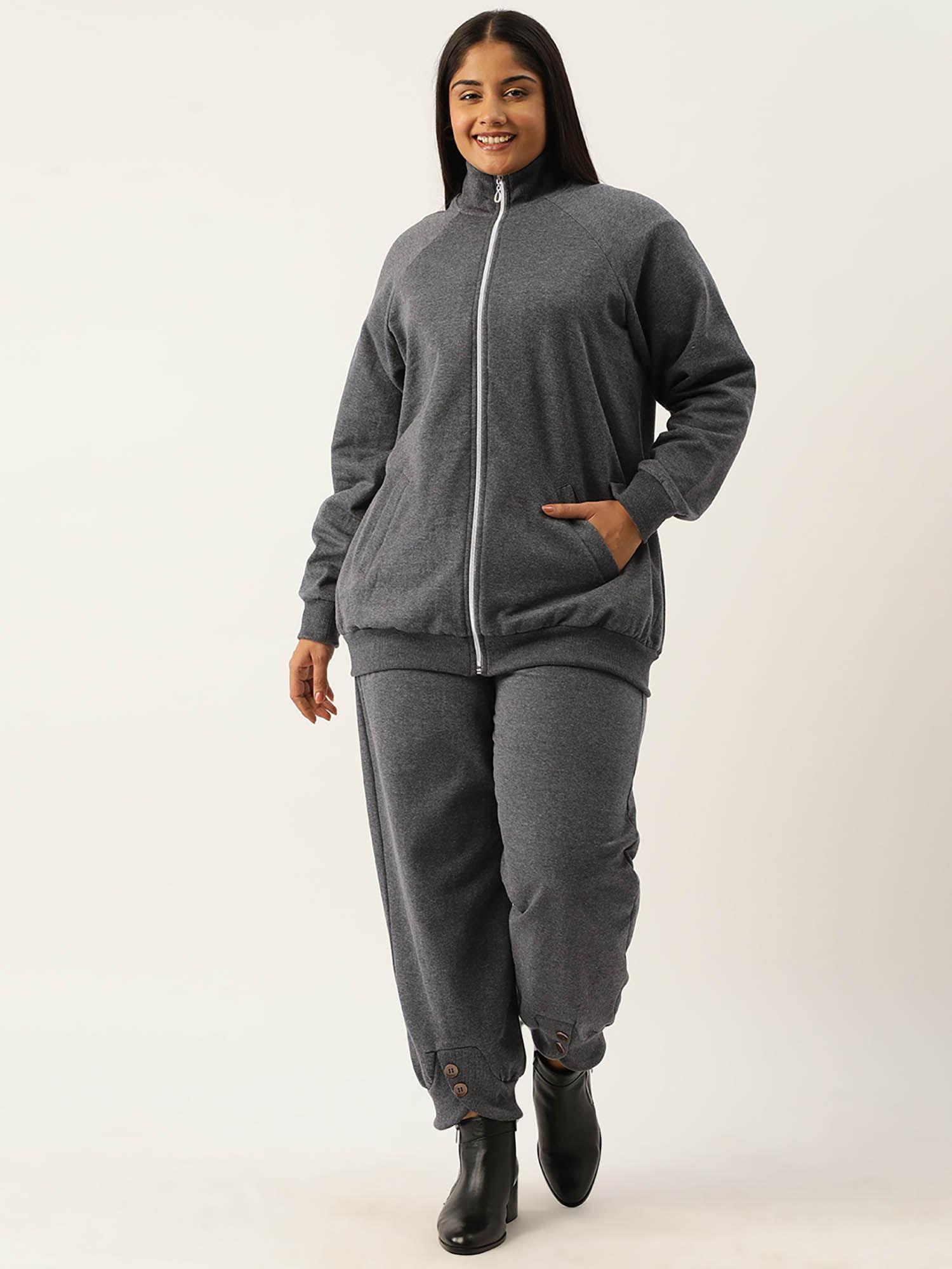 plus size womens charcoal grey solid sweatshirt with trousers (set of 2)