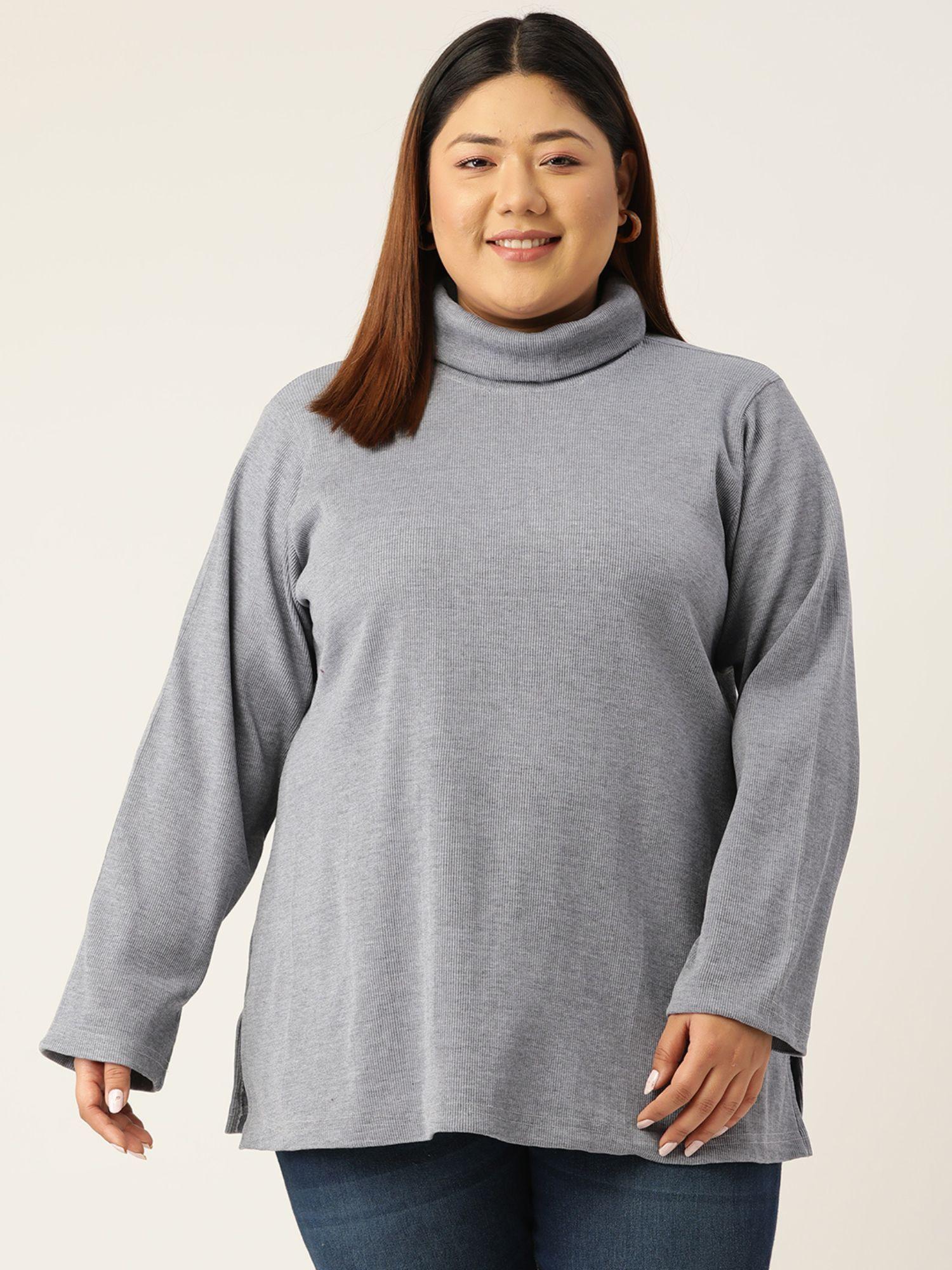 plus size womens charcoal grey textured color high neck cotton top