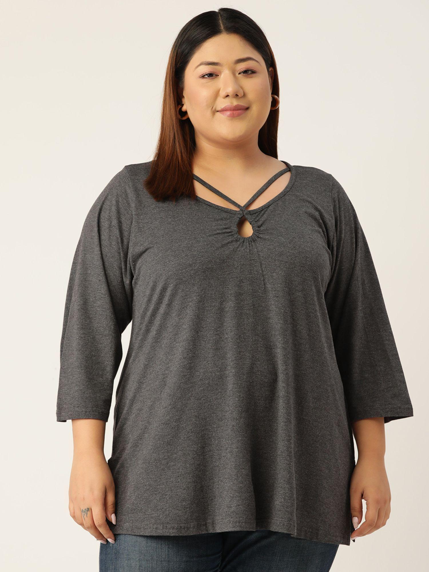 plus size womens charcoal solid color keyhole neck knitted top