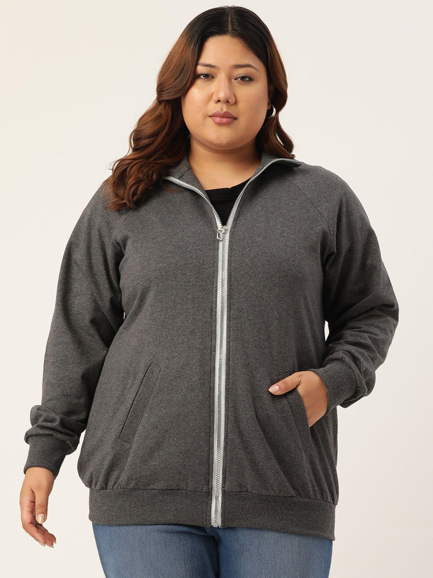 plus size womens charcoal solid color longline sporty winter jacket