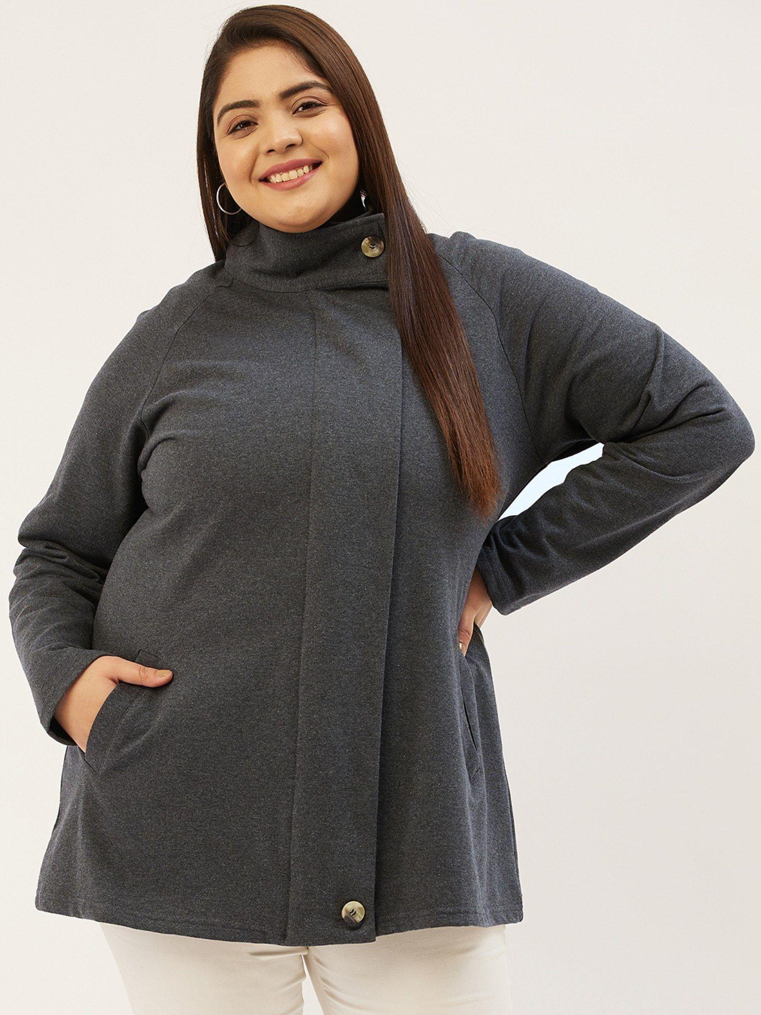 plus size womens charcoal solid color longline tailored winter jacket