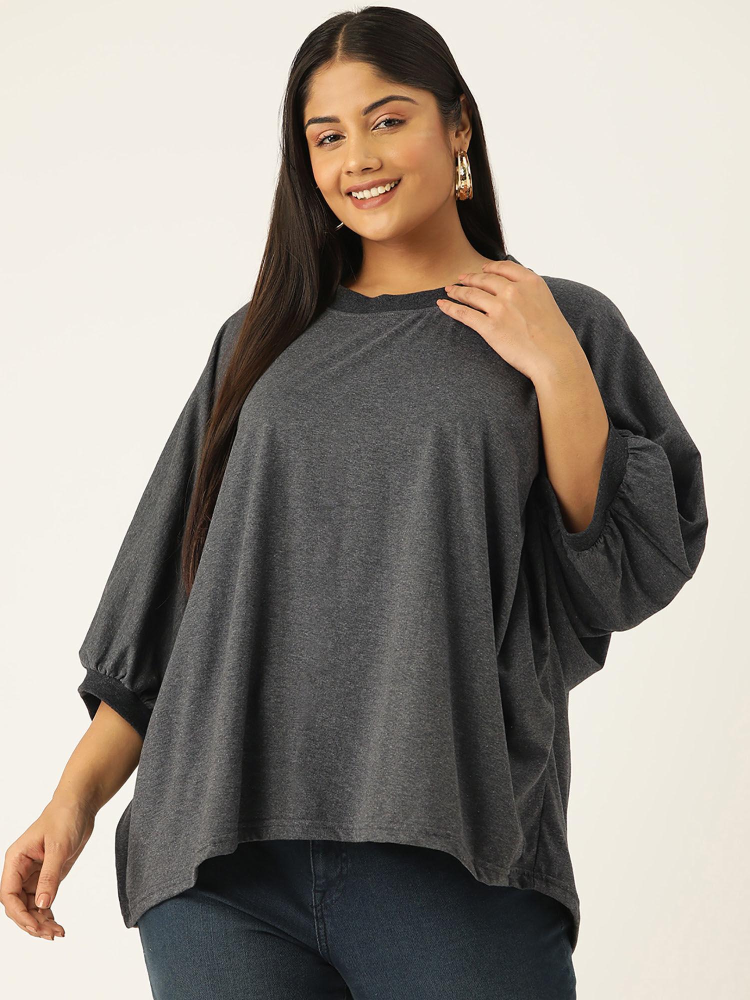 plus size womens charcoal solid color ribbed detail top