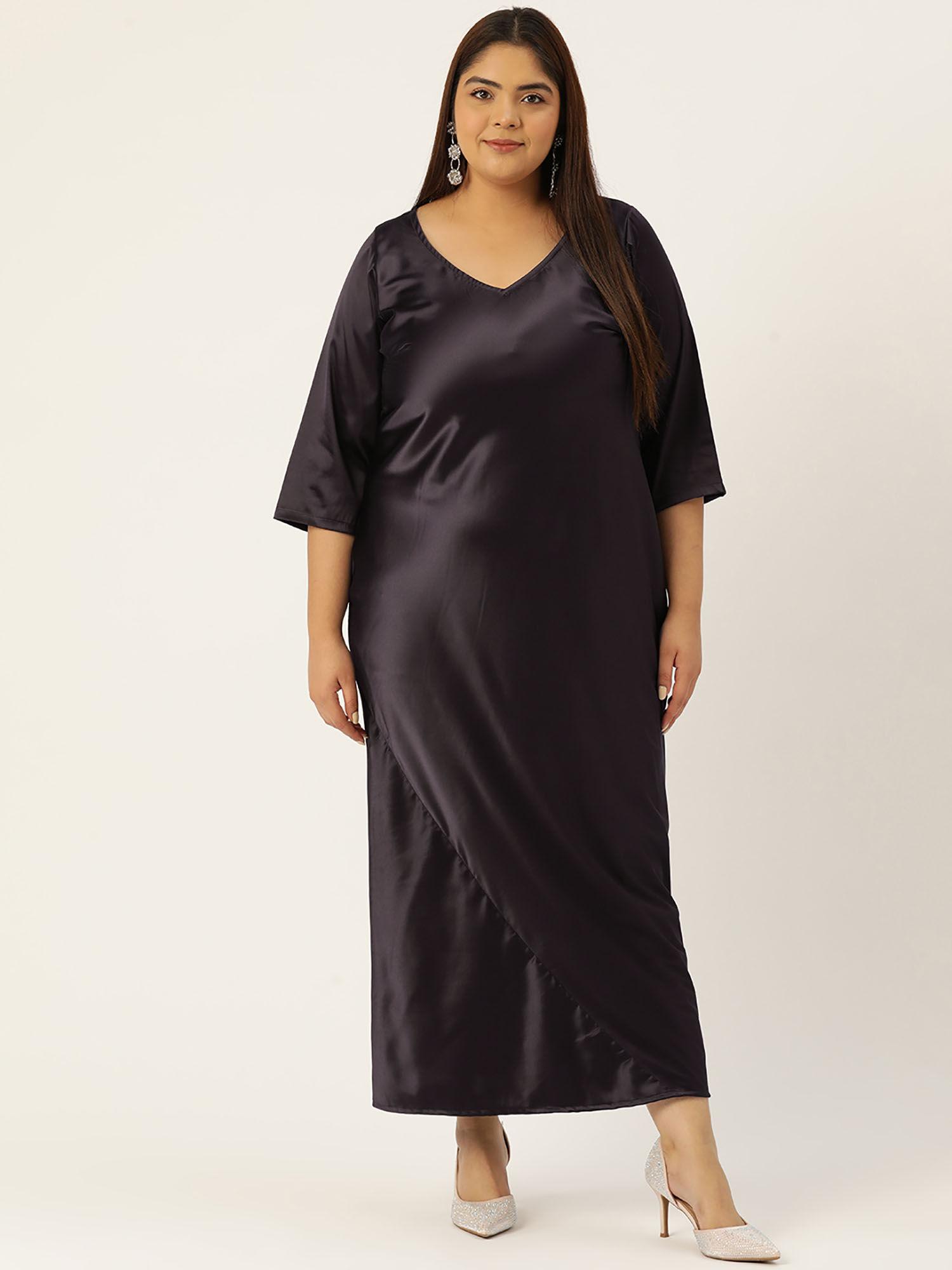 plus size womens dark brown solid color satin maxi dress