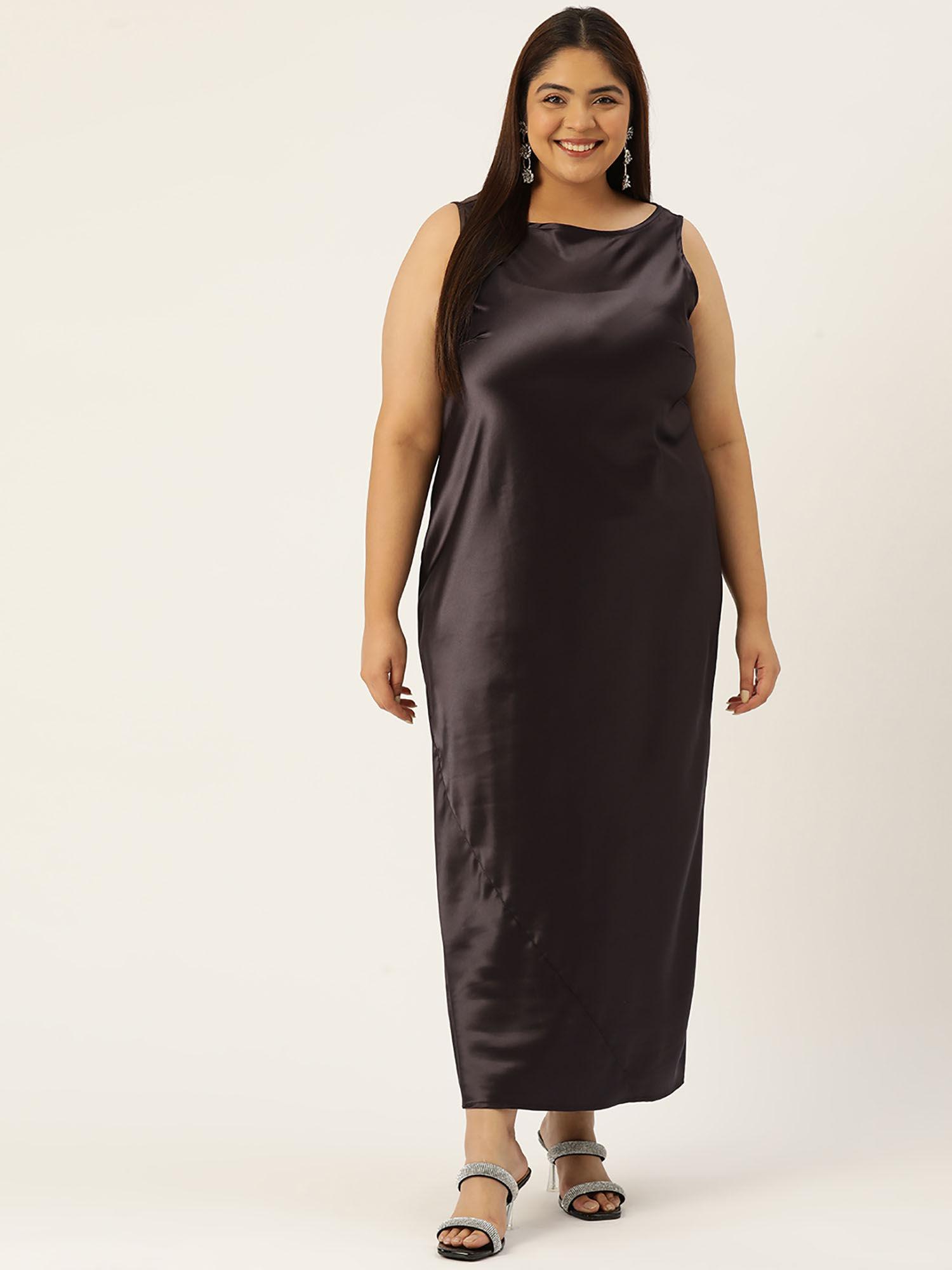 plus size womens dark brown solid color satin sleeveless maxi dress