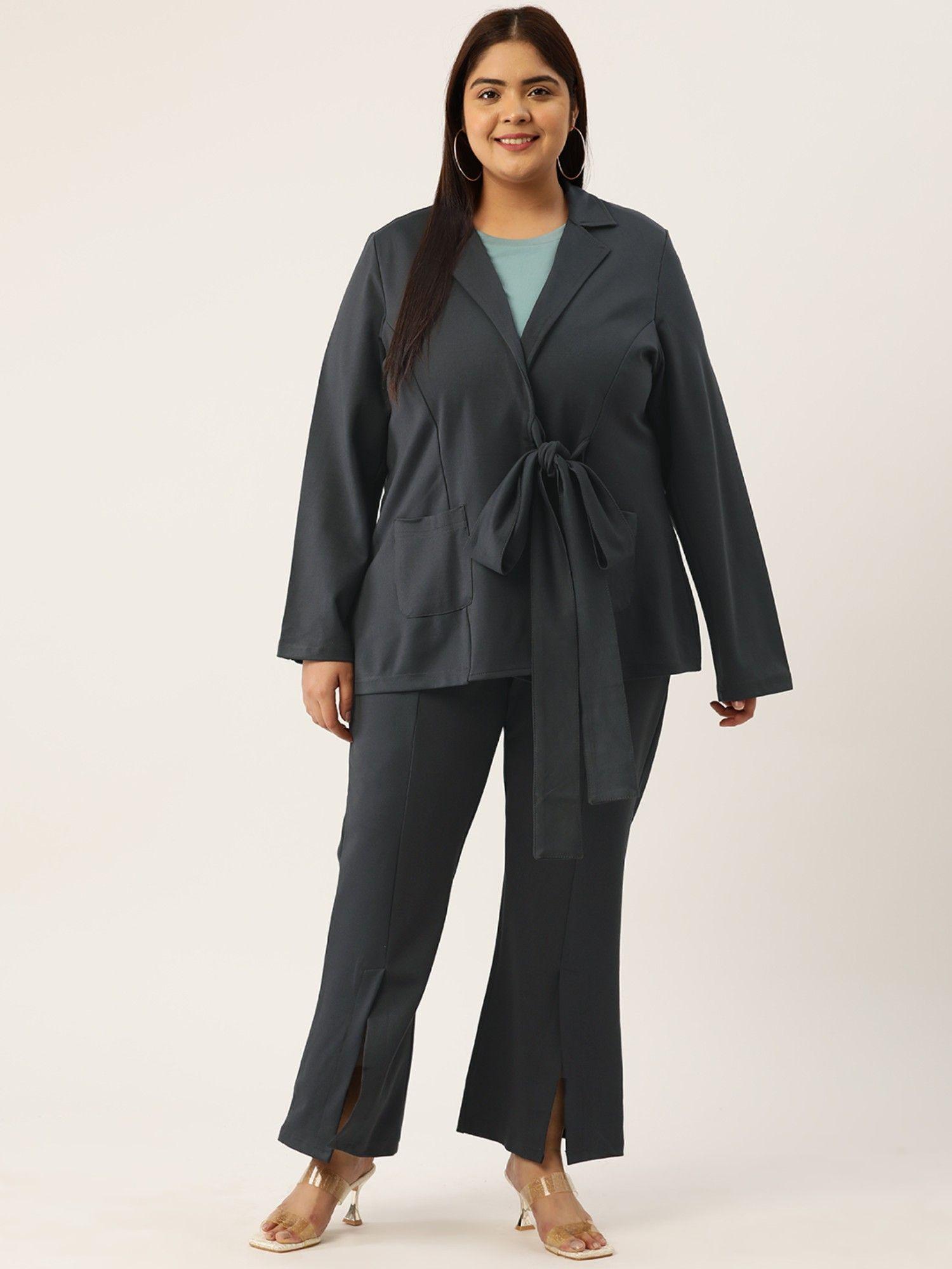 plus size womens dark grey solid color shrug with pleated trouser (set of 2)