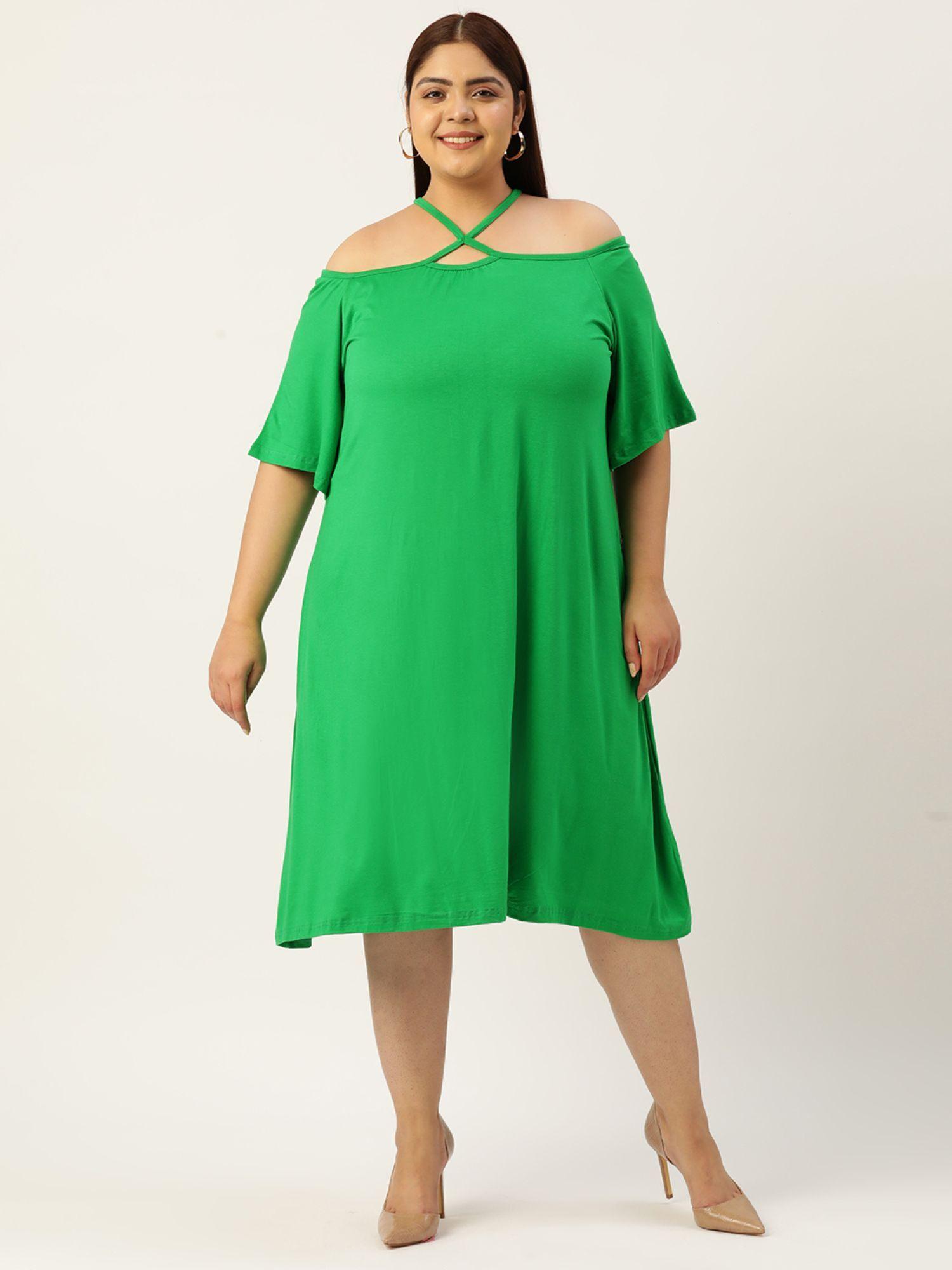 plus size womens emerald green solid color choker neck midi dress