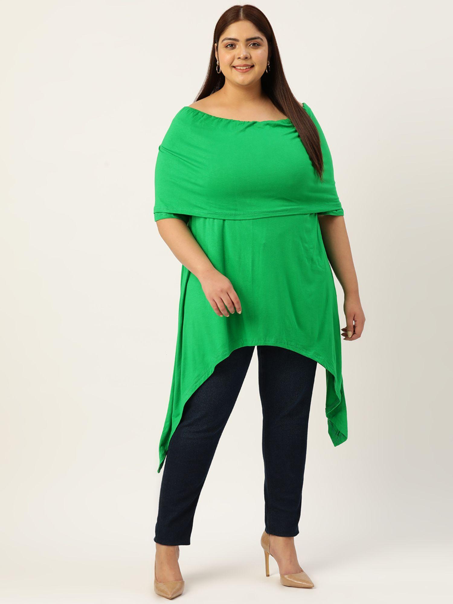 plus size womens emerald green solid color layered longline knitted top