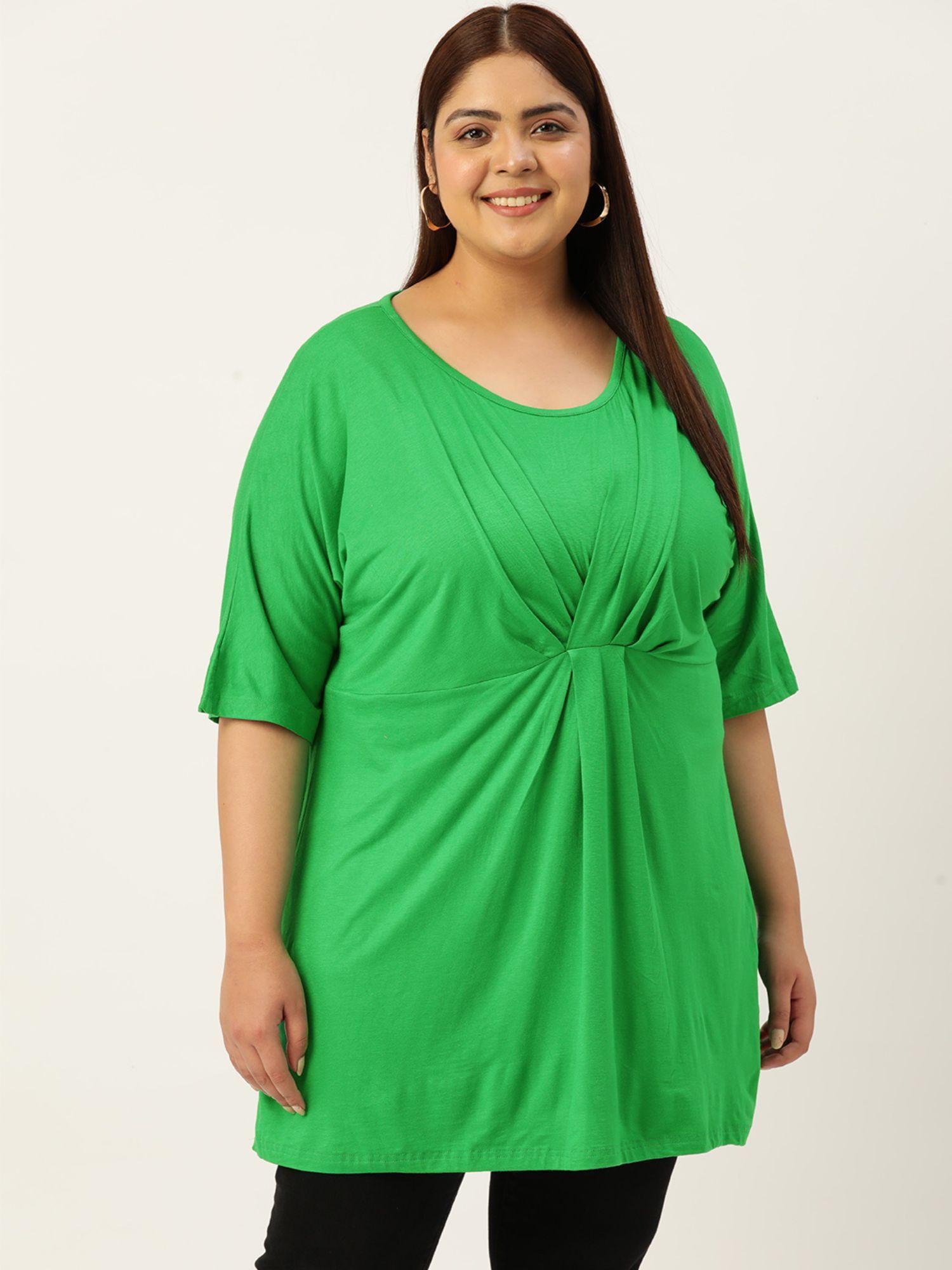 plus size womens emerald green solid color viscose knitted gather top