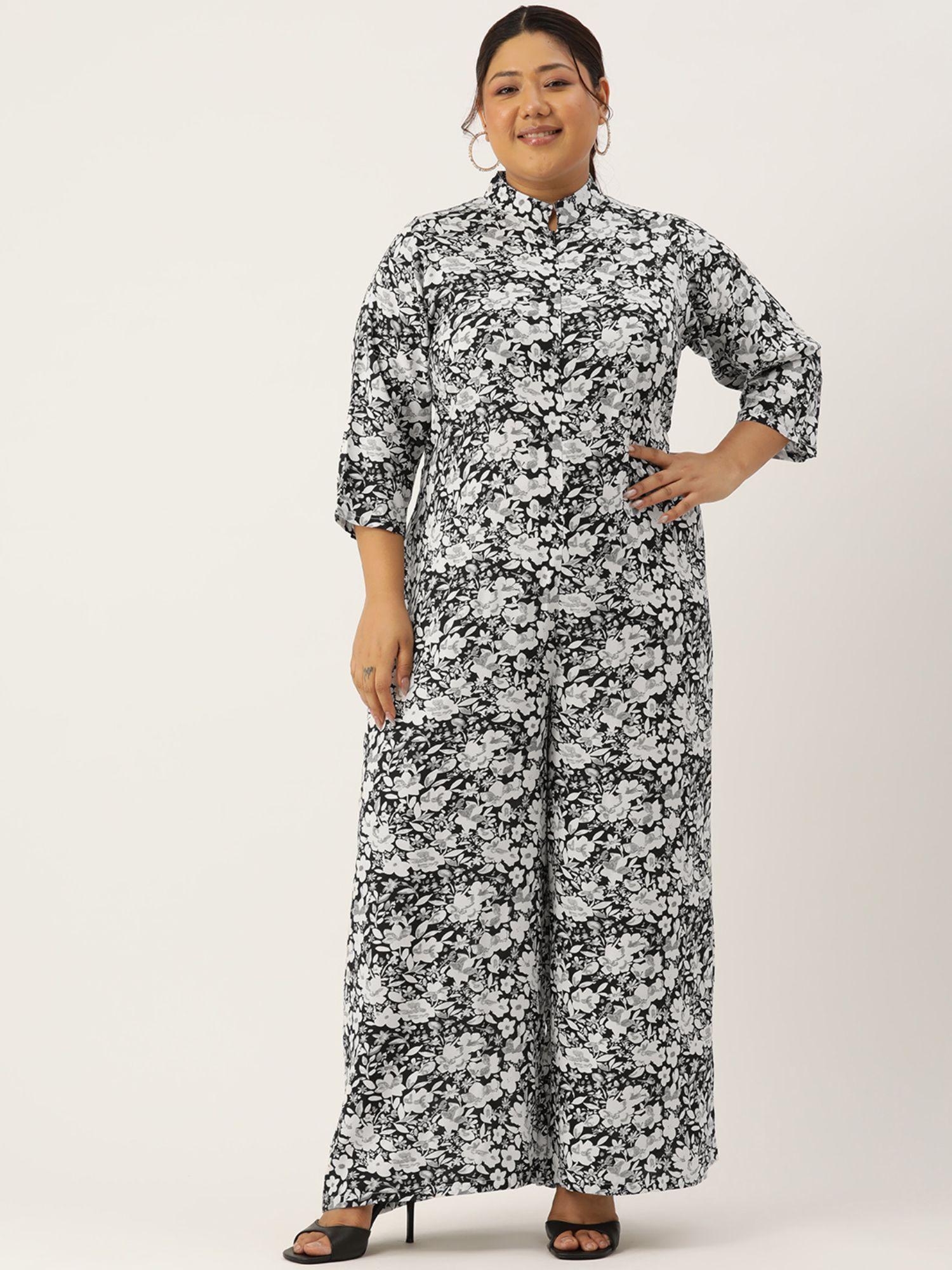 plus size womens floral printed mandarin collar jumpsuit