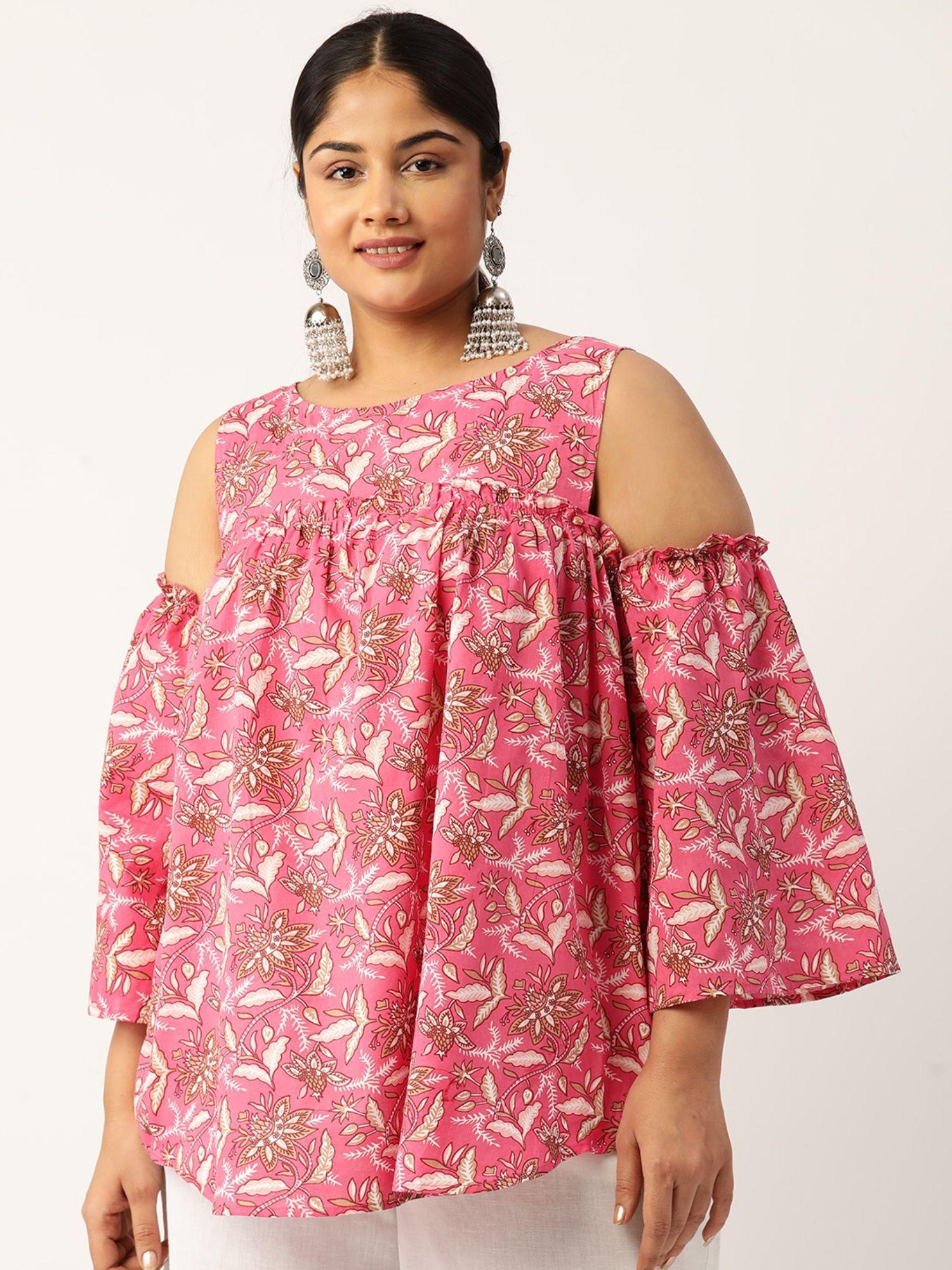 plus size womens fuchsia floral print cotton longline top