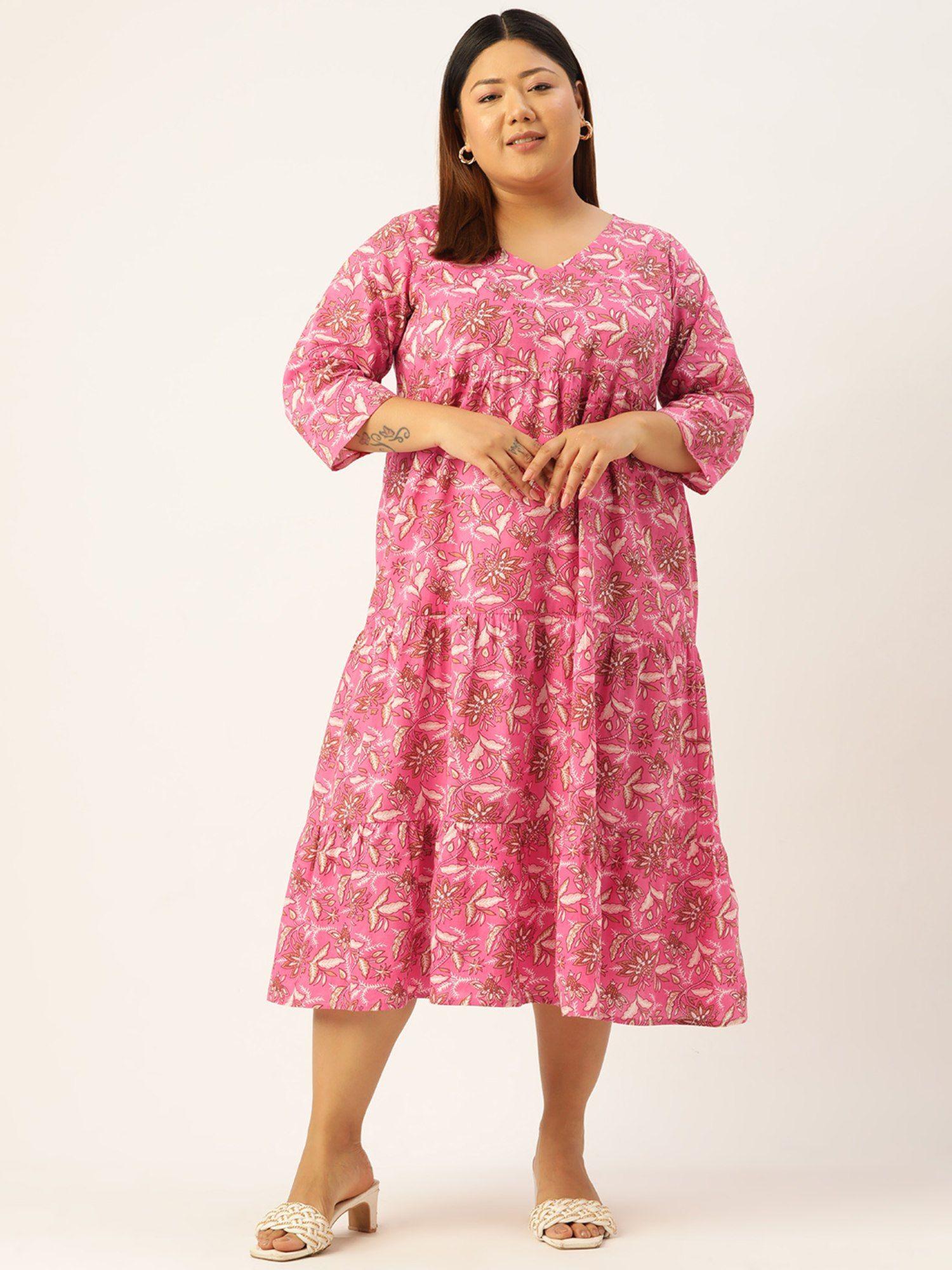 plus size womens fuchsia floral printed a-line cotton dress
