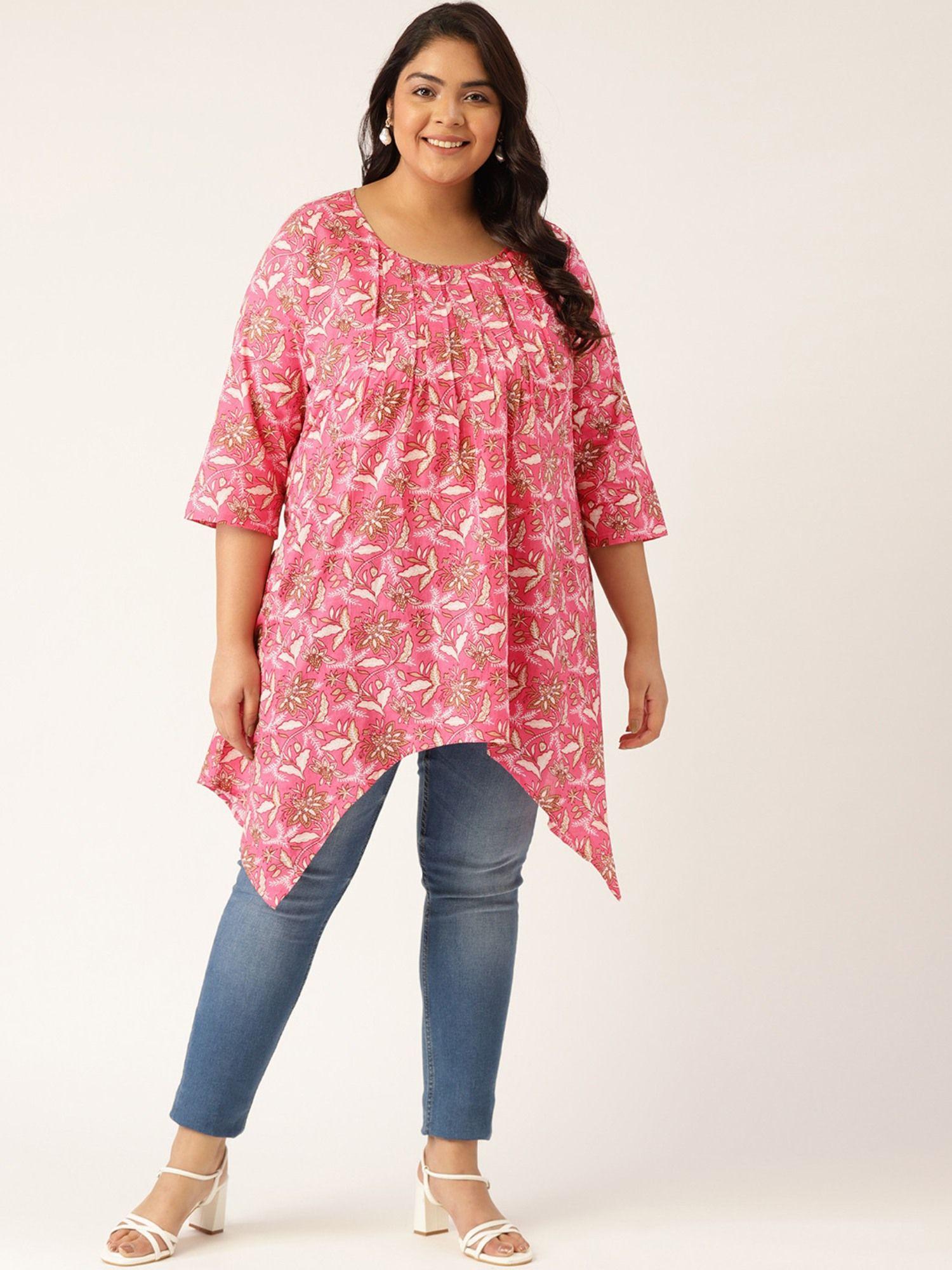 plus size womens fuchsia floral printed front pleated longline top