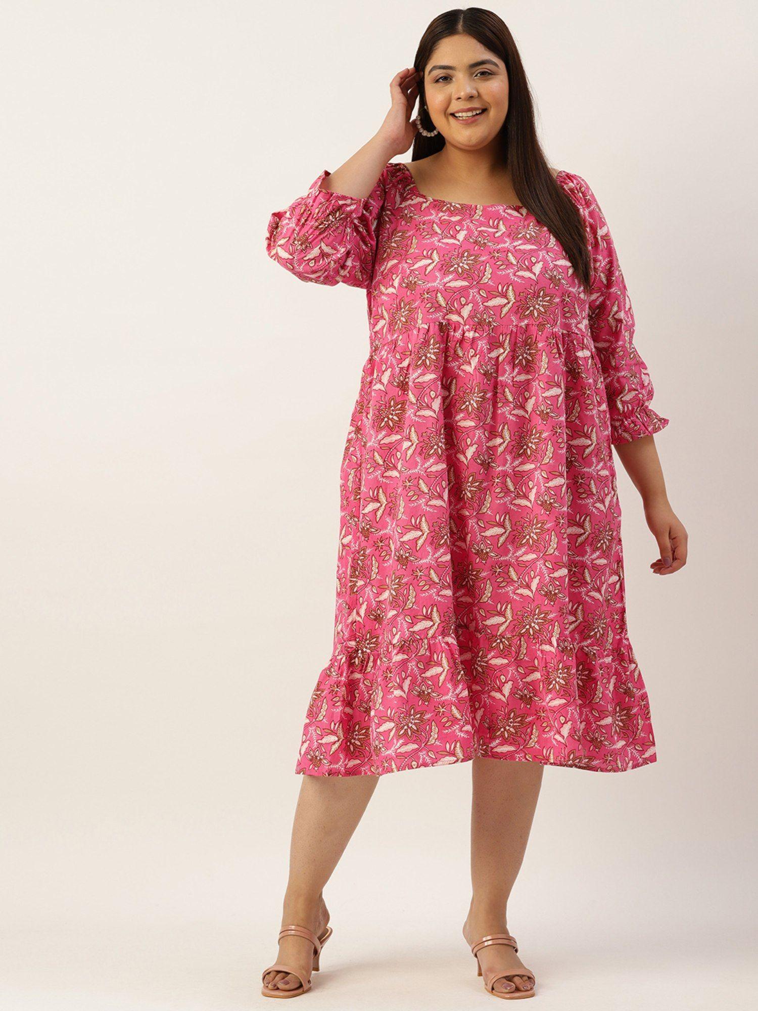 plus size womens fuchsia floral printed sweetheart neck dress