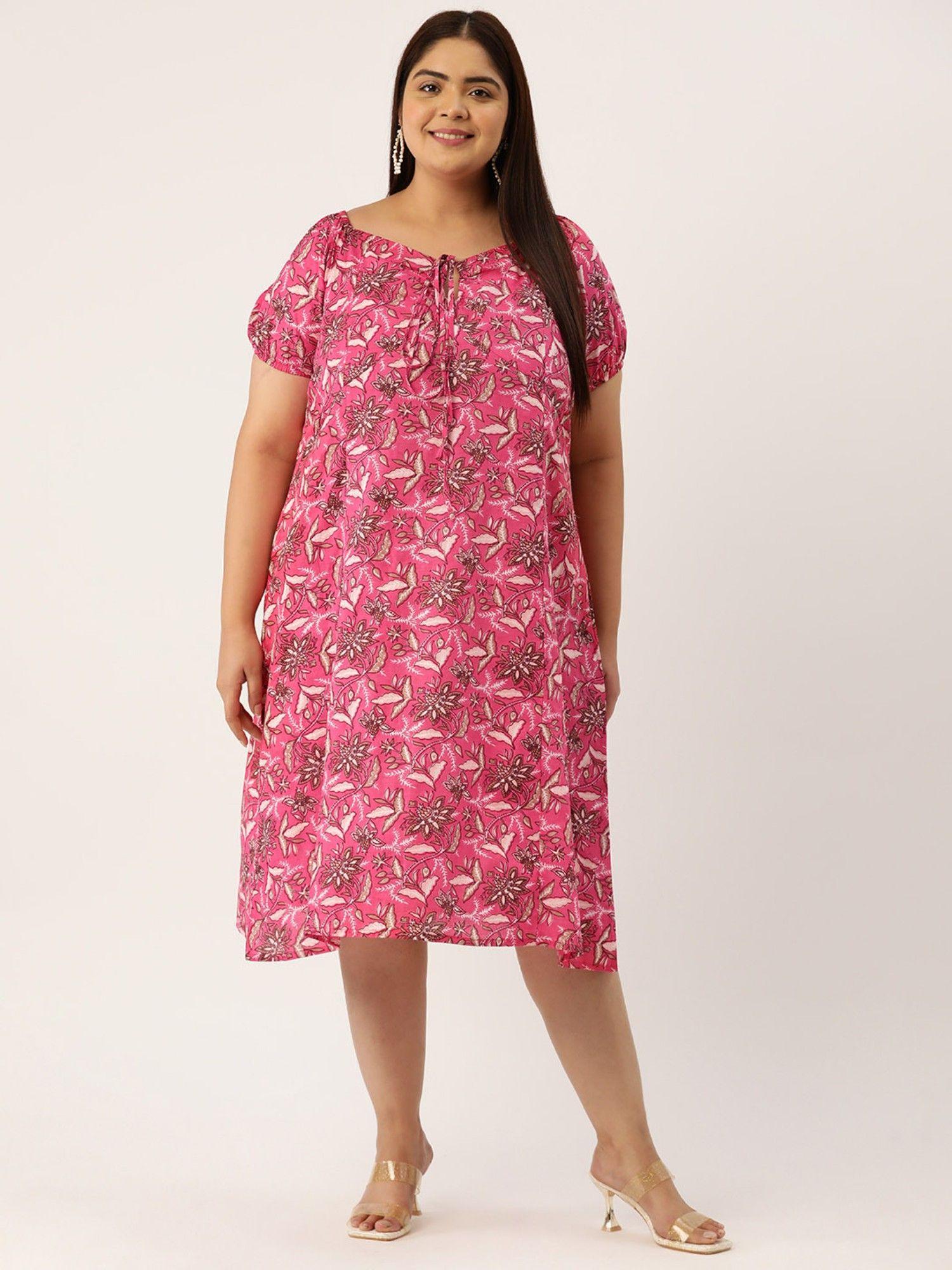 plus size womens fuchsia pink floral print neck tie-up cotton dress