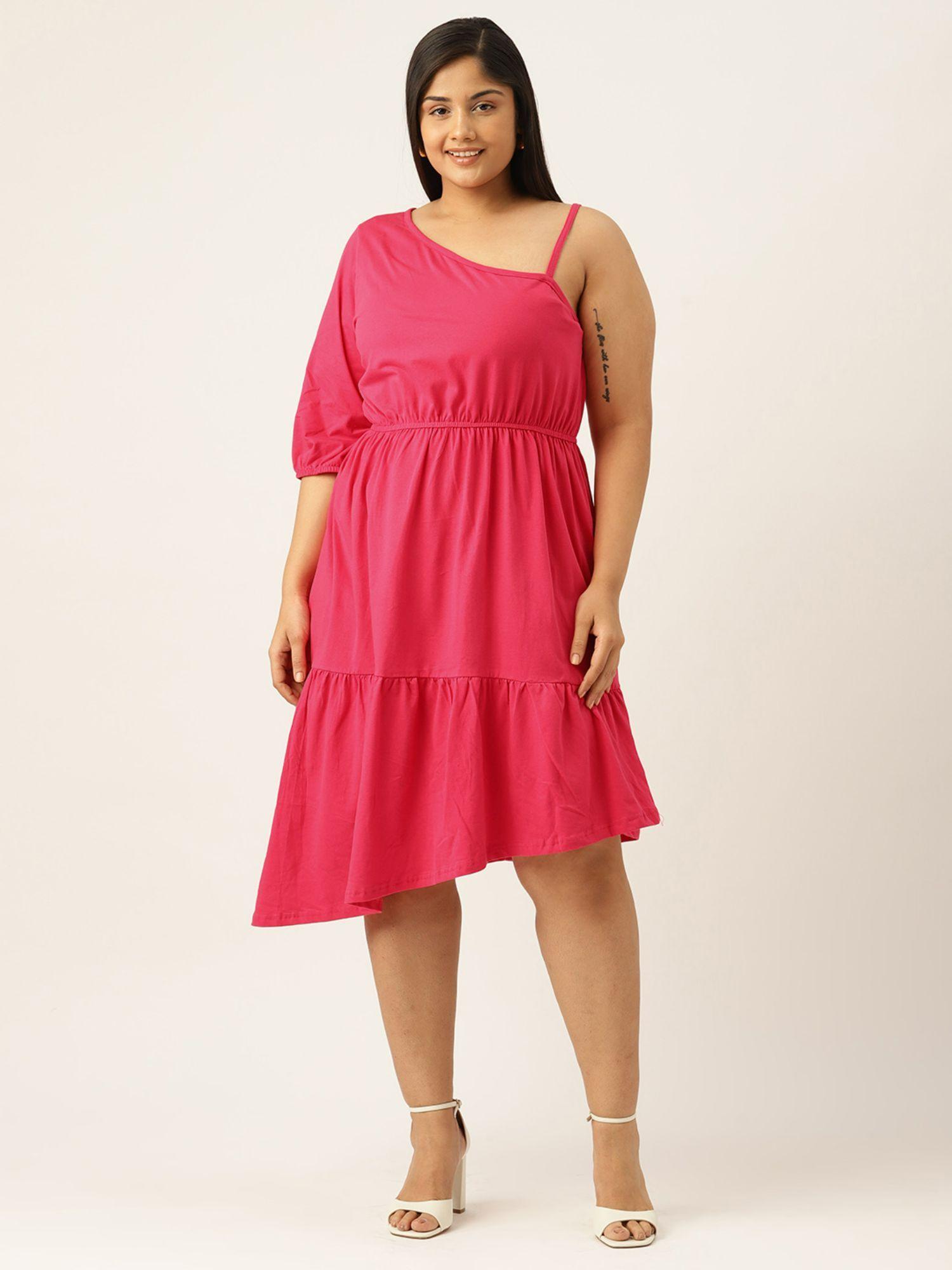 plus size womens fuchsia solid one shoulder knitted dress