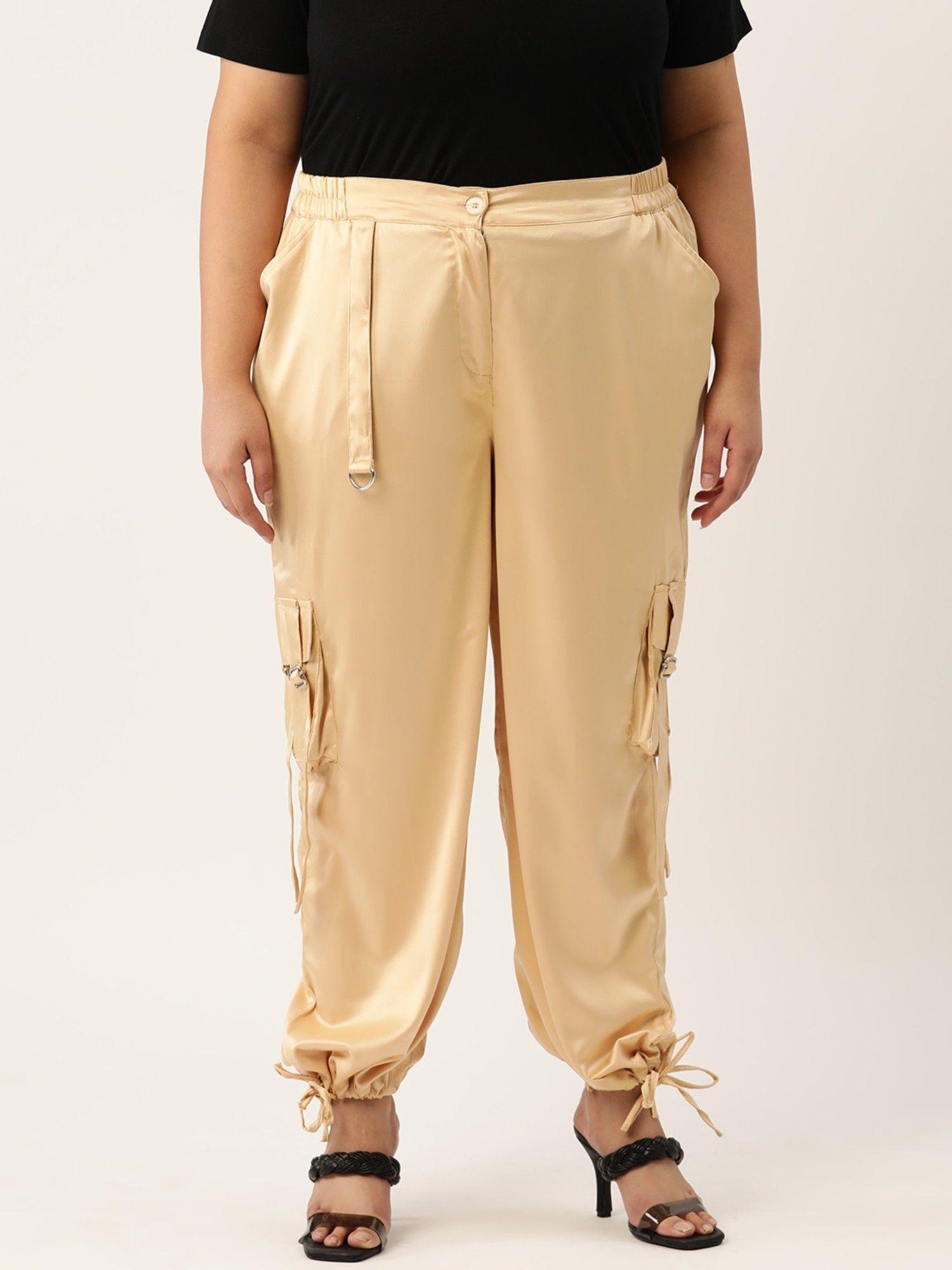 plus size womens gold solid color satin cargo trouser