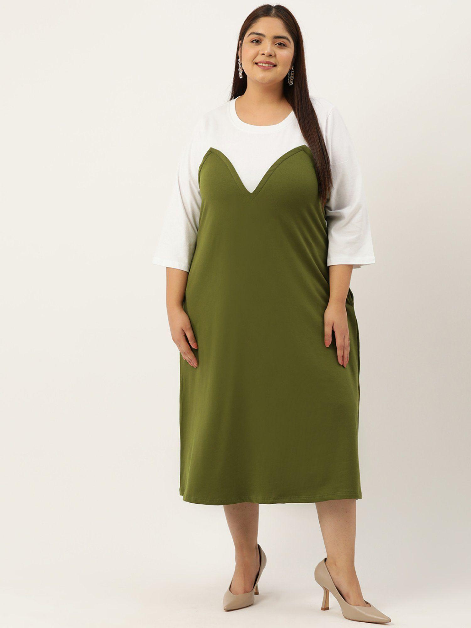 plus size womens green & white color block cotton midi dress