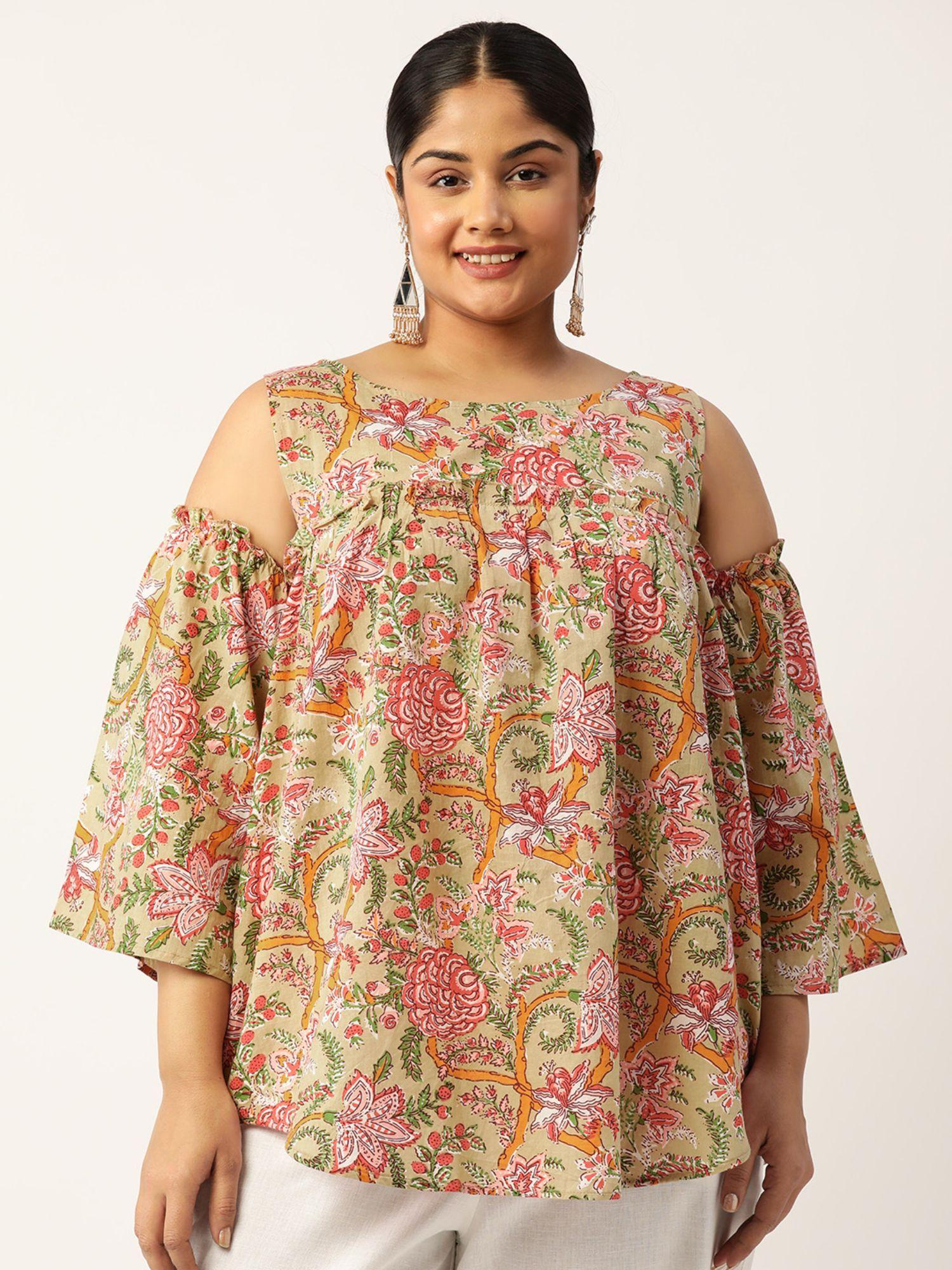 plus size womens green floral print cotton longline top