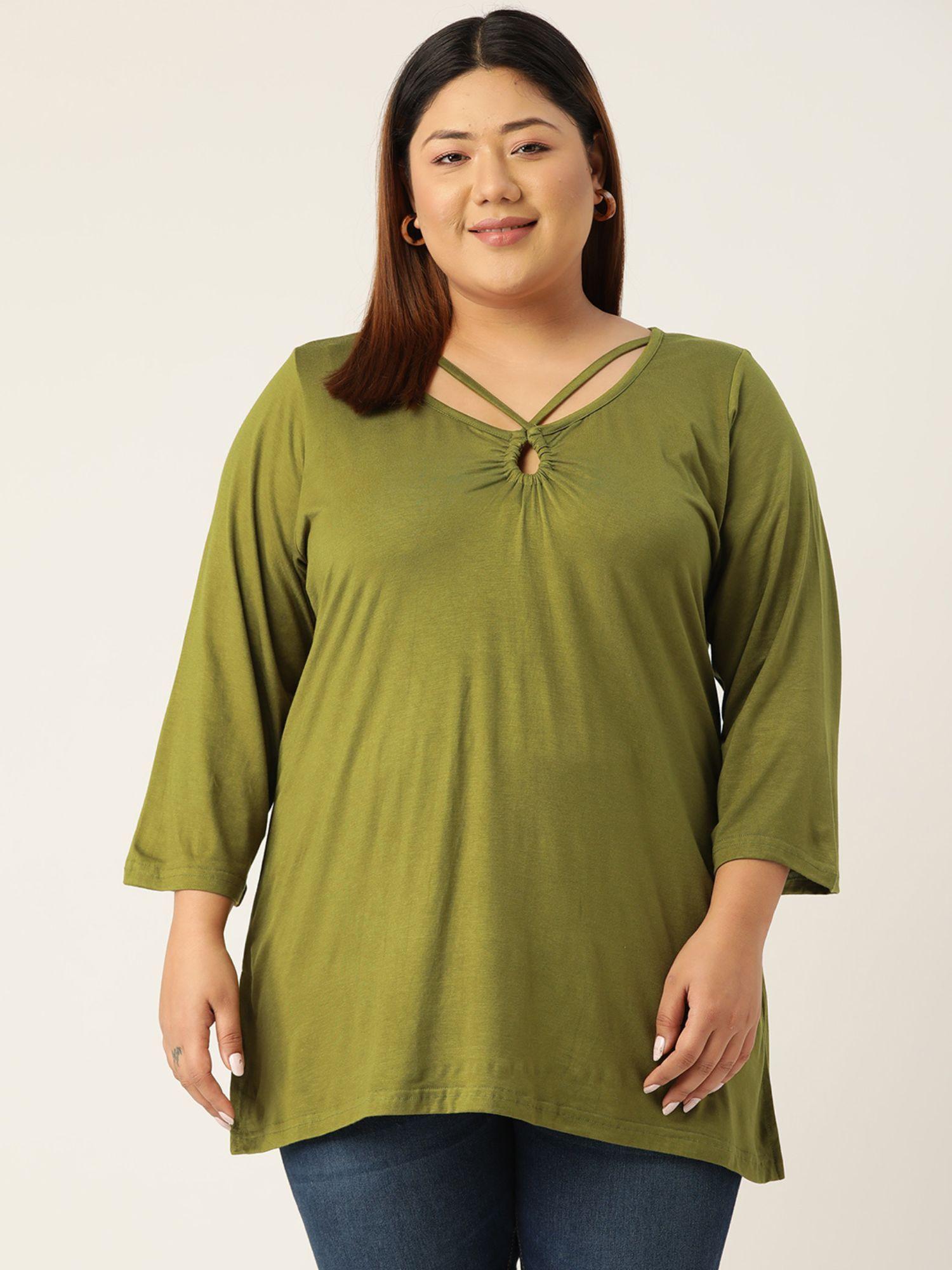 plus size womens green solid color keyhole neck knitted top