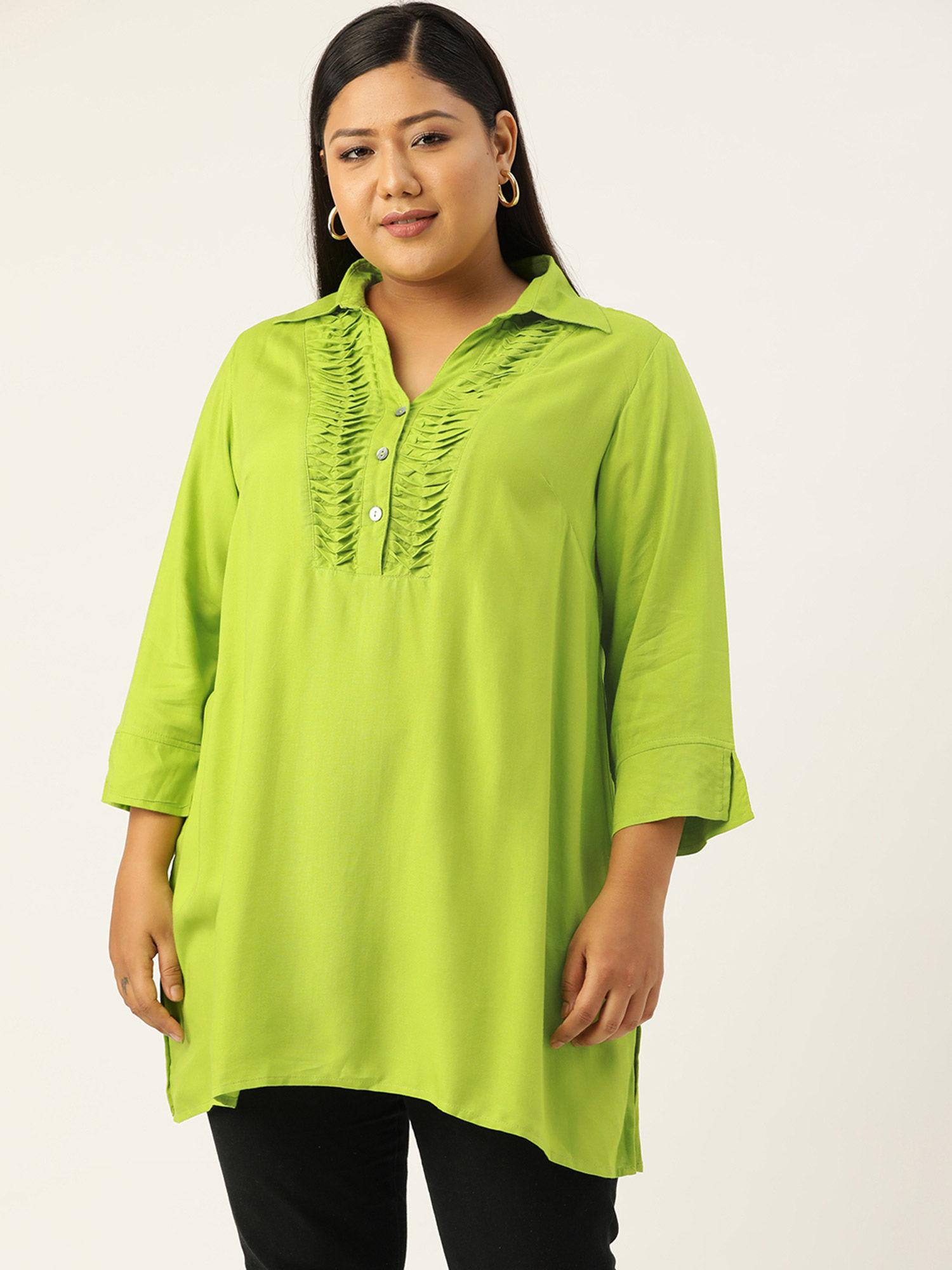 plus size womens green solid colour shirt collar tunic top