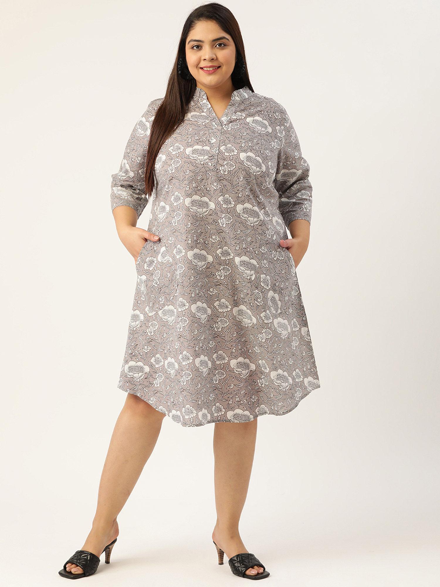 plus size womens grey & off white printed cotton a-line dress