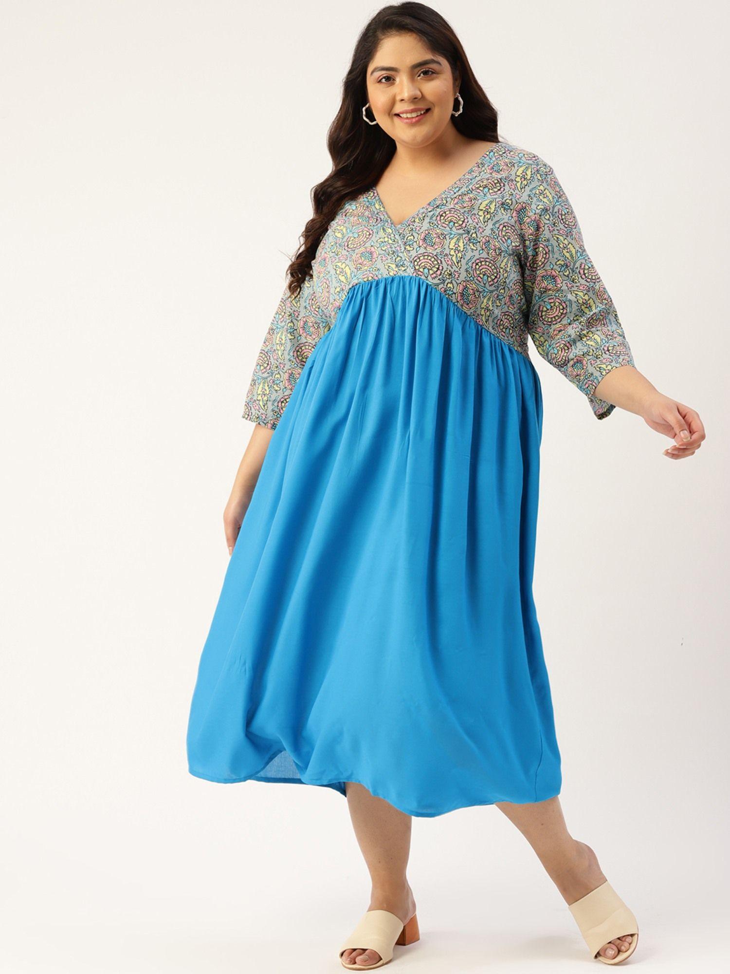 plus size womens grey & turquoise color empire midi dress