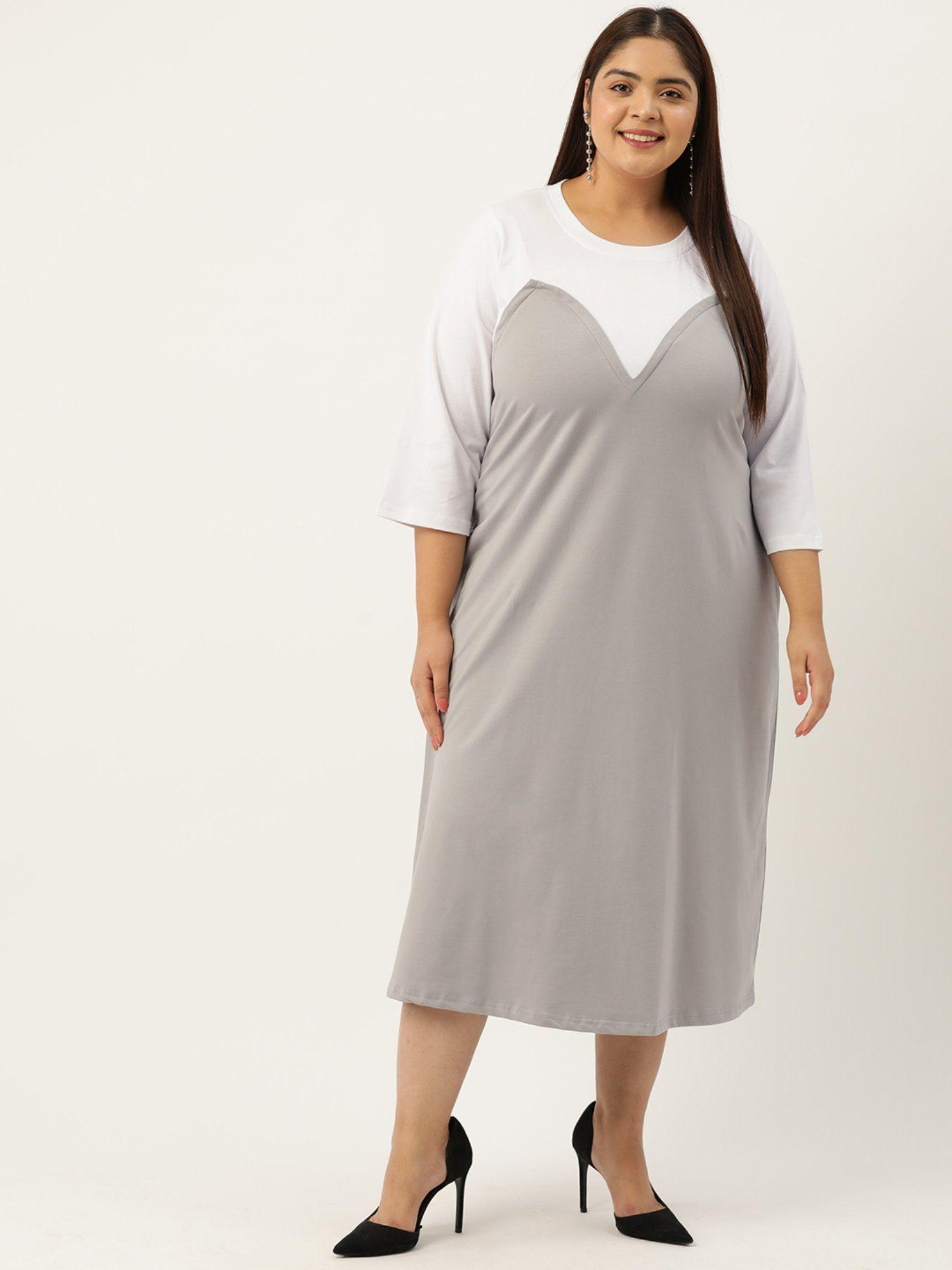 plus size womens grey & white color block cotton midi dress