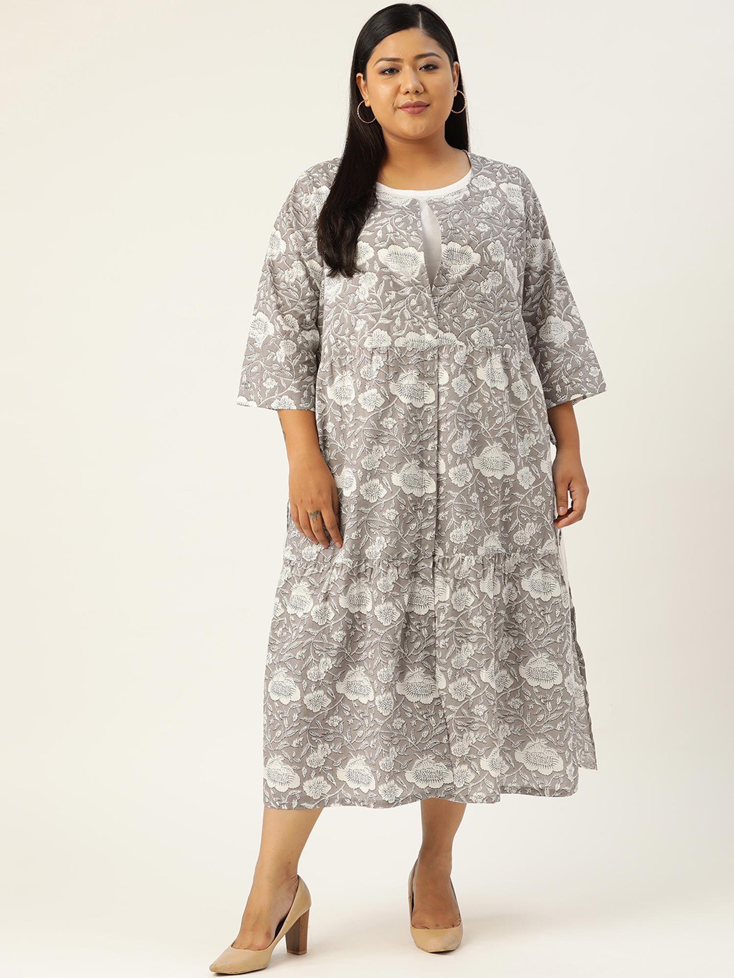 plus size womens grey & white floral print layered a-line midi dress
