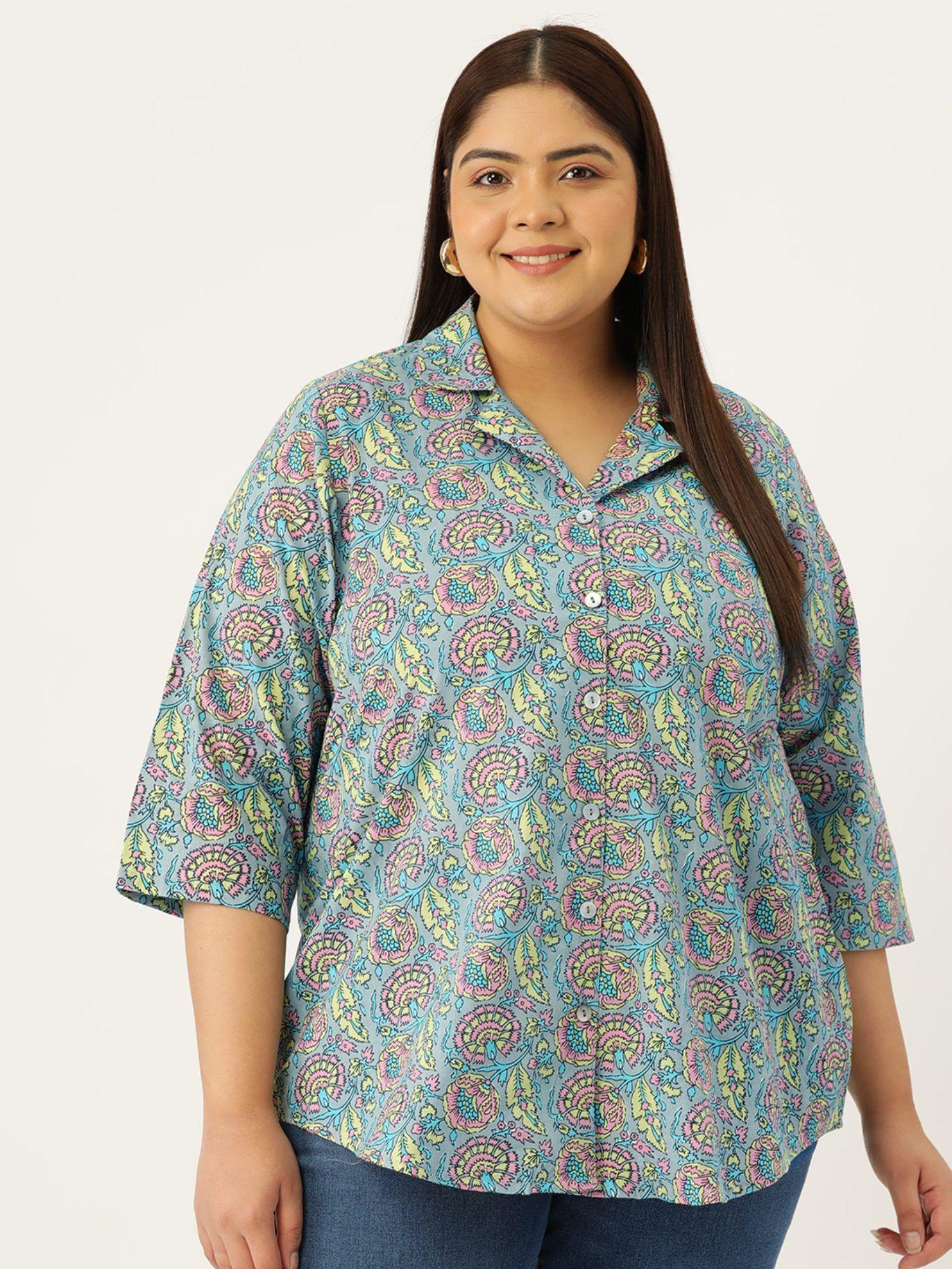plus size womens grey floral print casual shirt