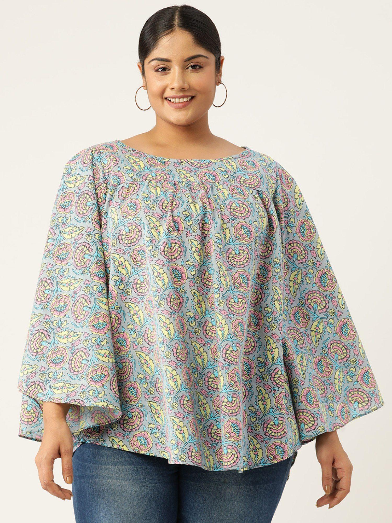 plus size womens grey floral print flared sleeve cotton top