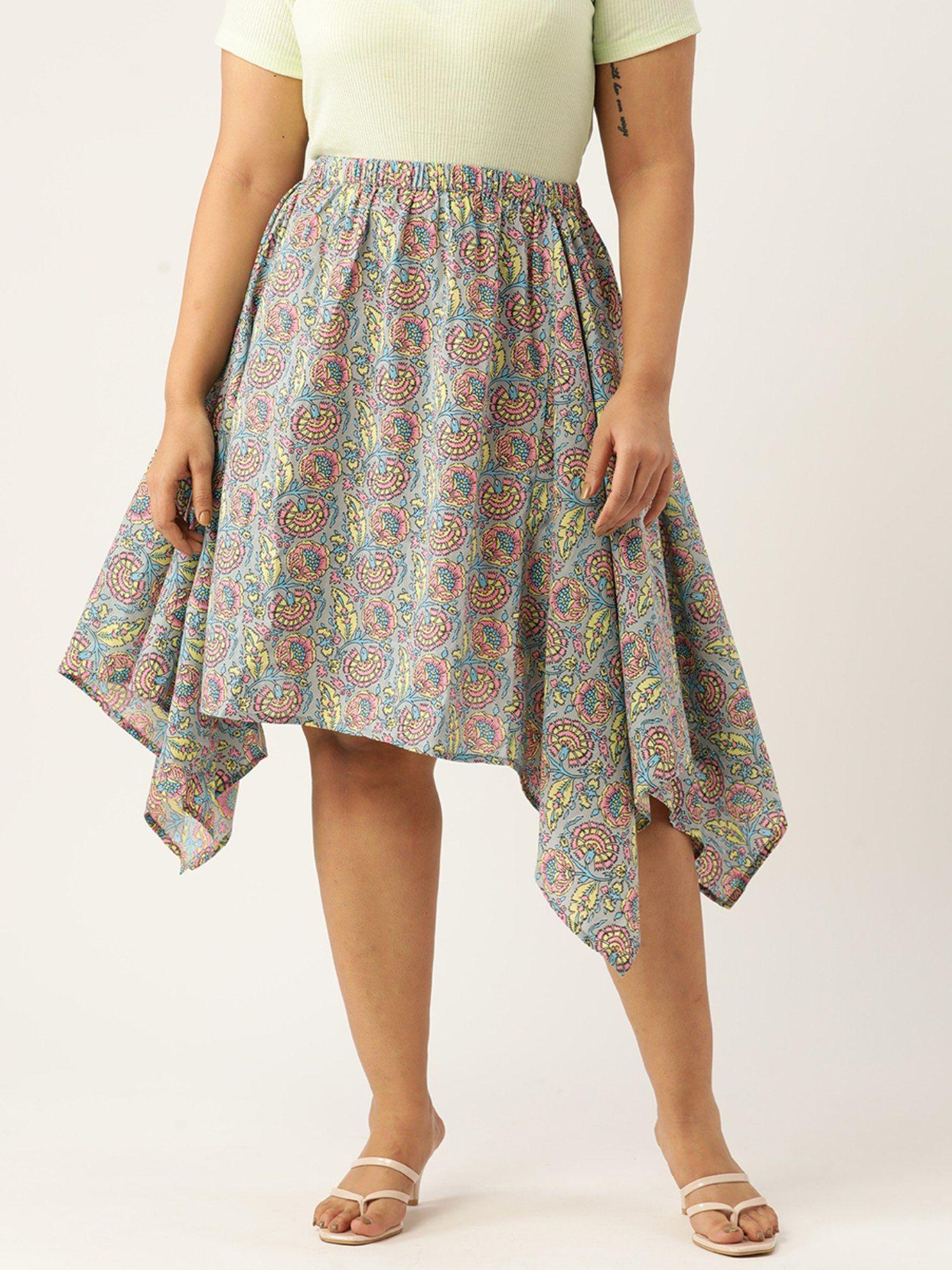 plus size womens grey floral printed asymmetrical skirt