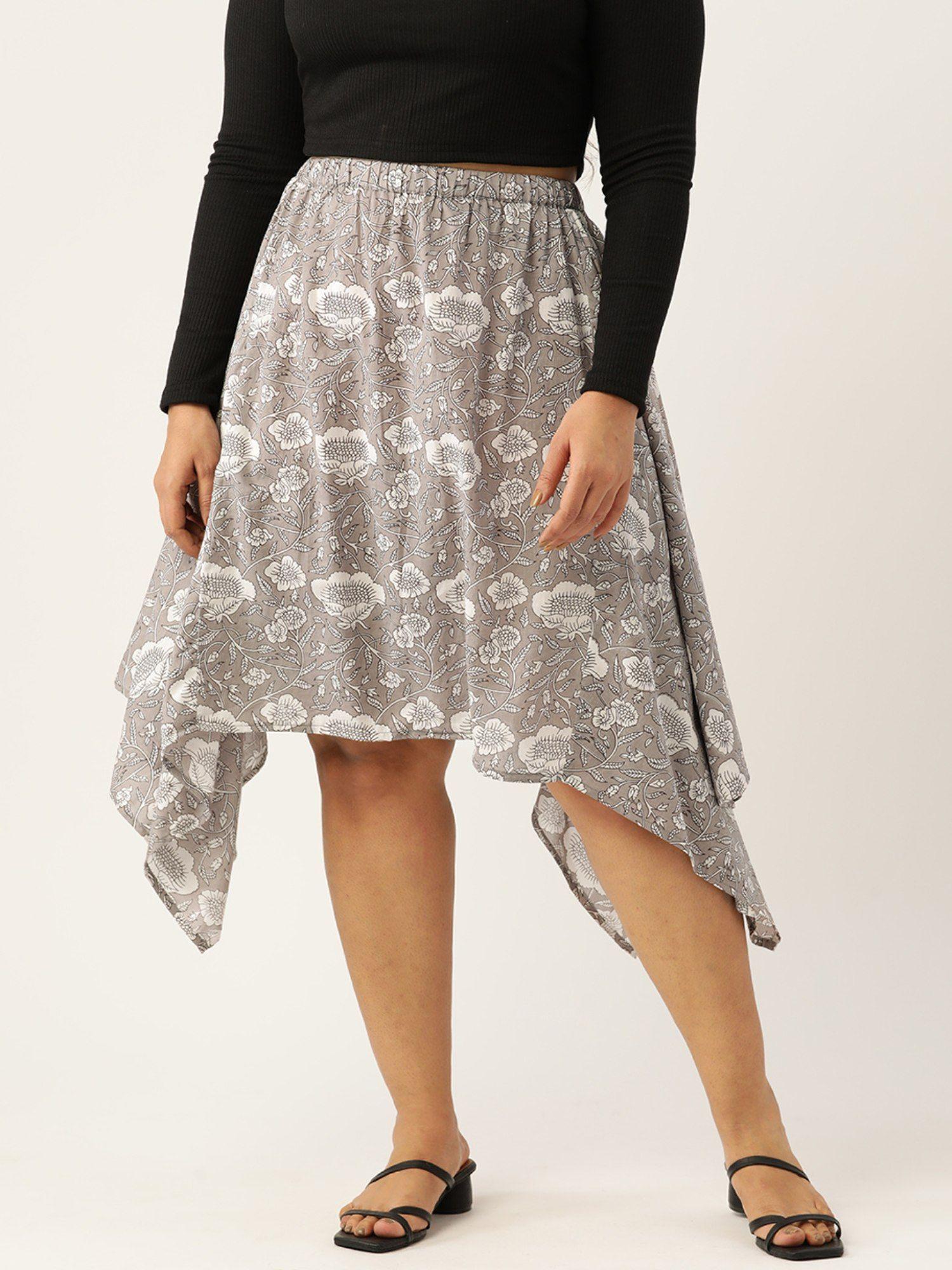 plus size womens grey floral printed asymmetrical skirt