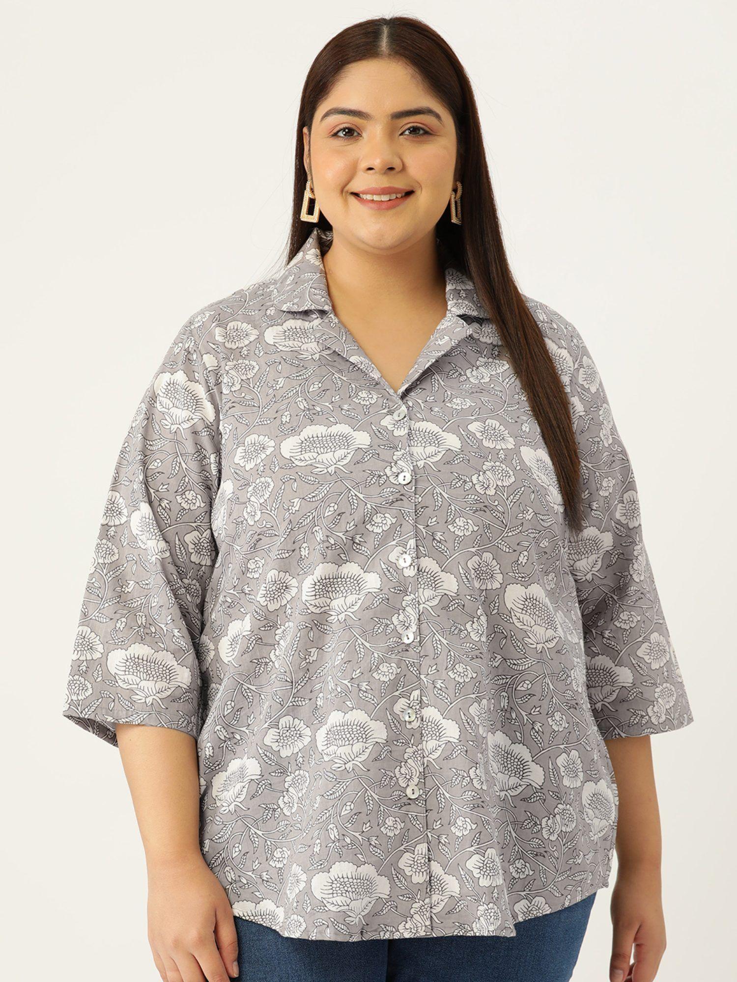 plus size womens grey monotone floral print casual shirt